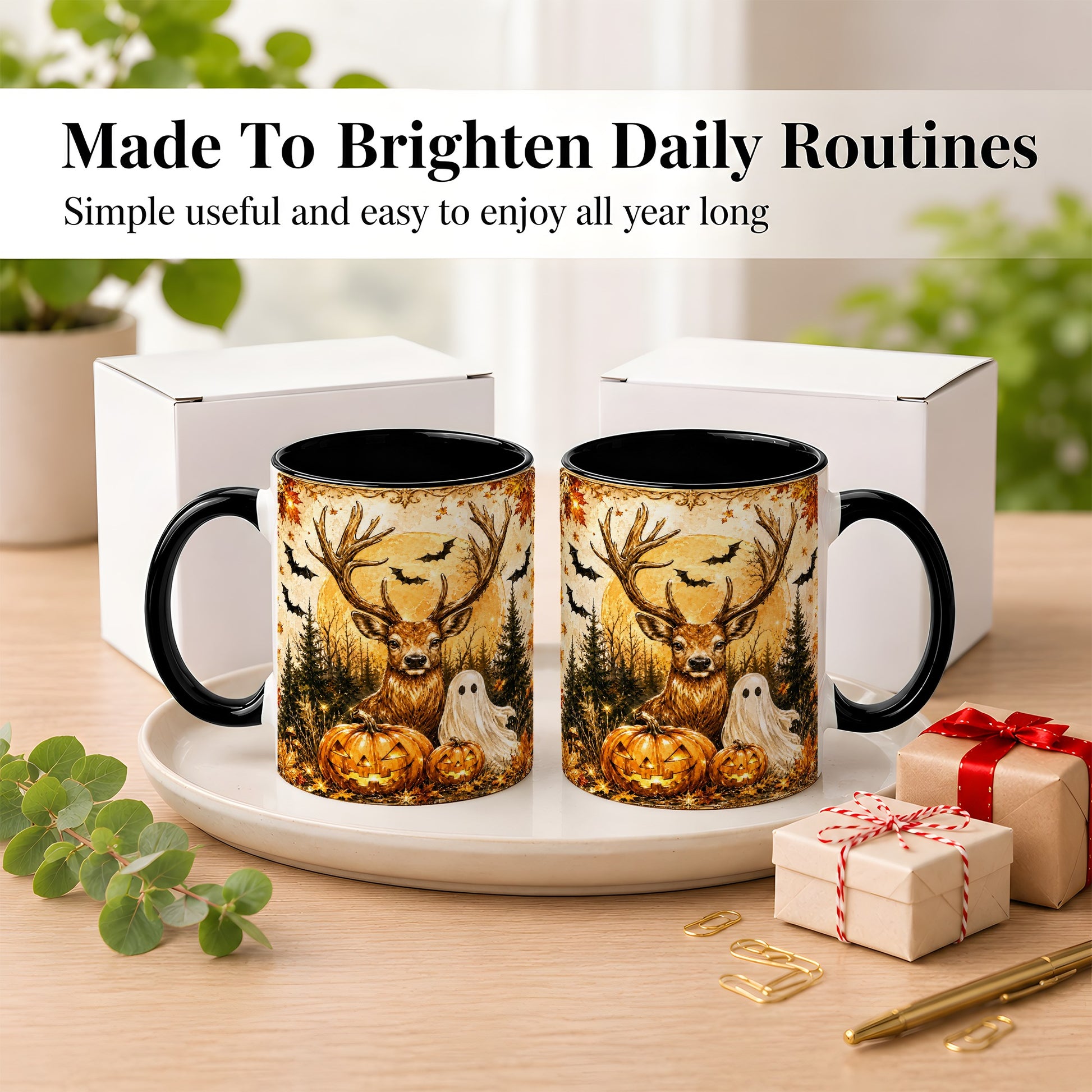 #pl[11oz|Black] Halloween Deer Coffee Mug, Ghost Pumpkin Mug, Ceramic Cup