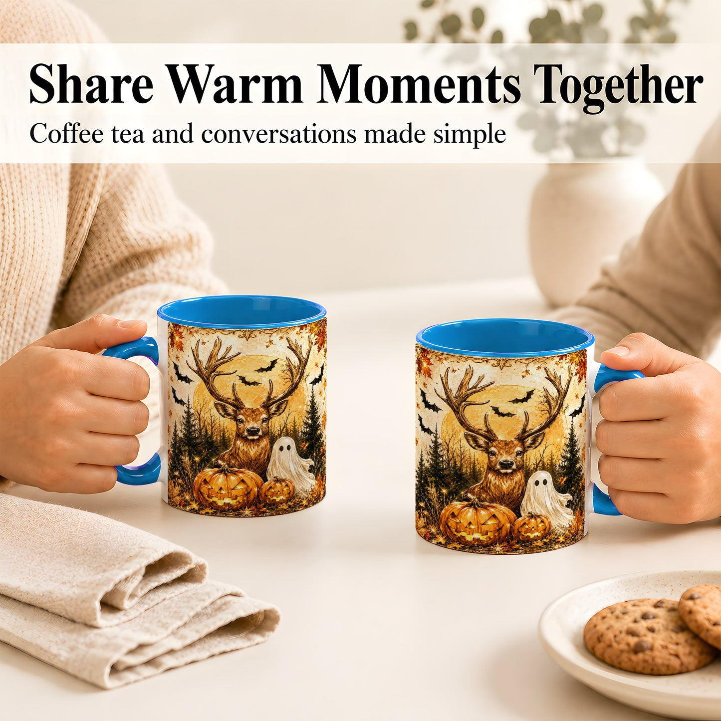 #pl[11oz|Blue] Halloween Deer Coffee Mug, Ghost Pumpkin Mug, Ceramic Cup