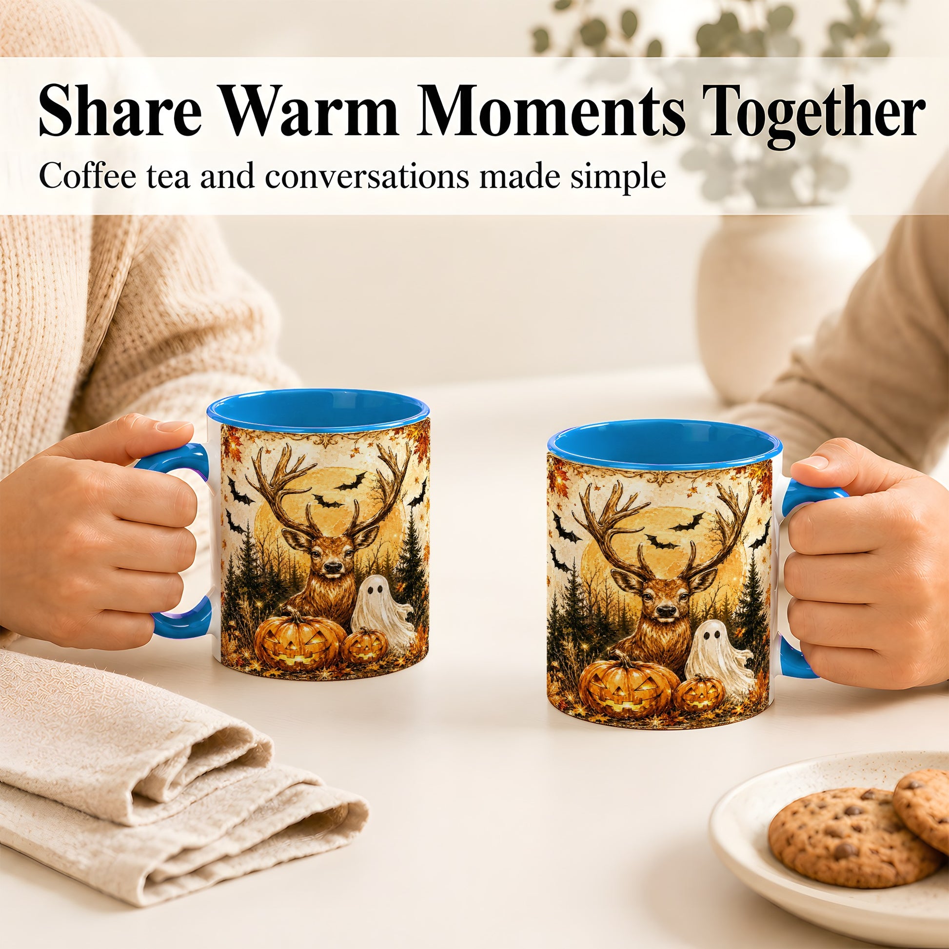 #pl[11oz|Blue] Halloween Deer Coffee Mug, Ghost Pumpkin Mug, Ceramic Cup