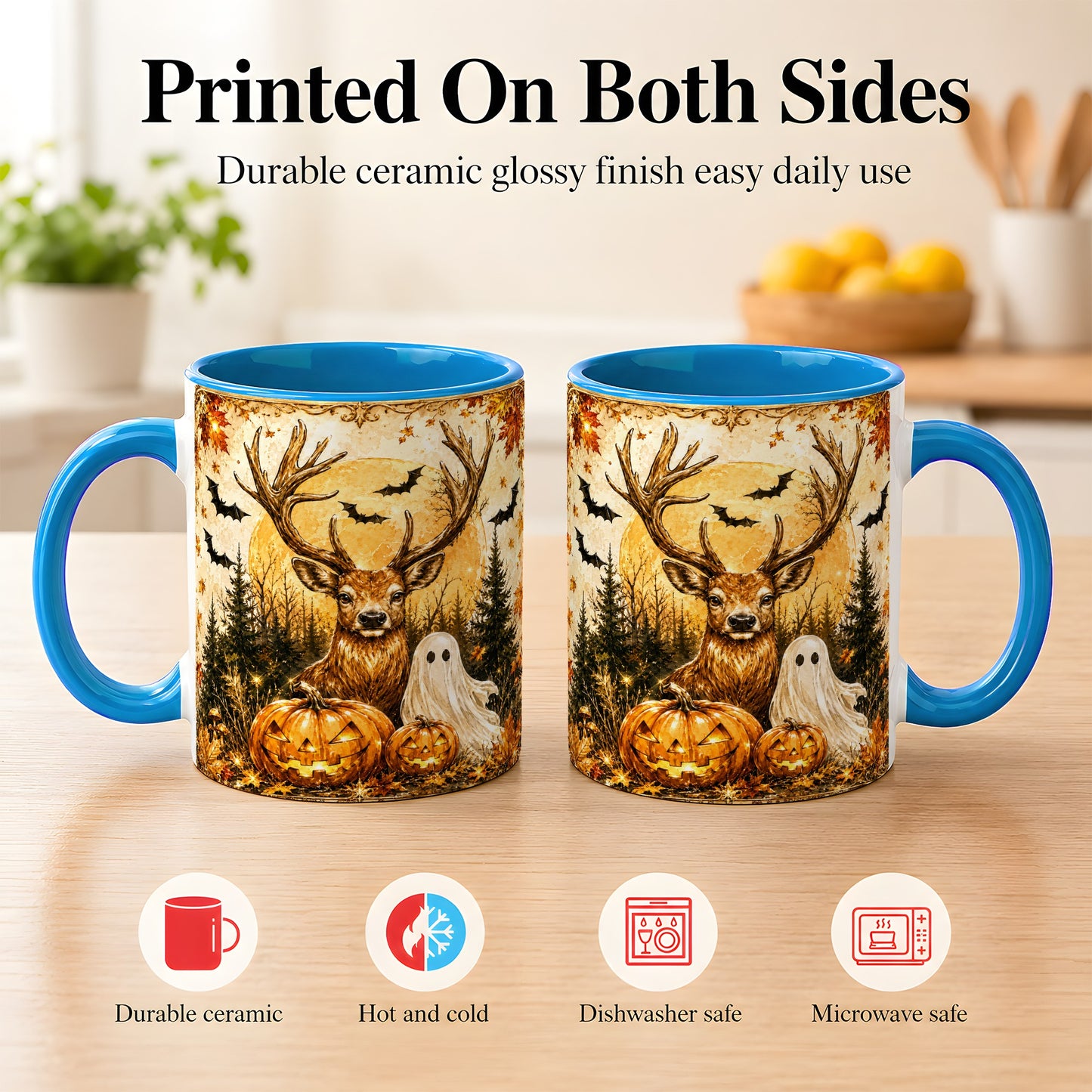 #pl[11oz|Blue] Halloween Deer Coffee Mug, Ghost Pumpkin Mug, Ceramic Cup