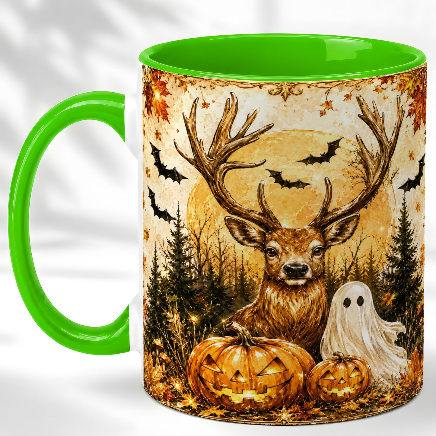 #pl[11oz|Green] Halloween Deer Coffee Mug, Ghost Pumpkin Mug, Ceramic Cup