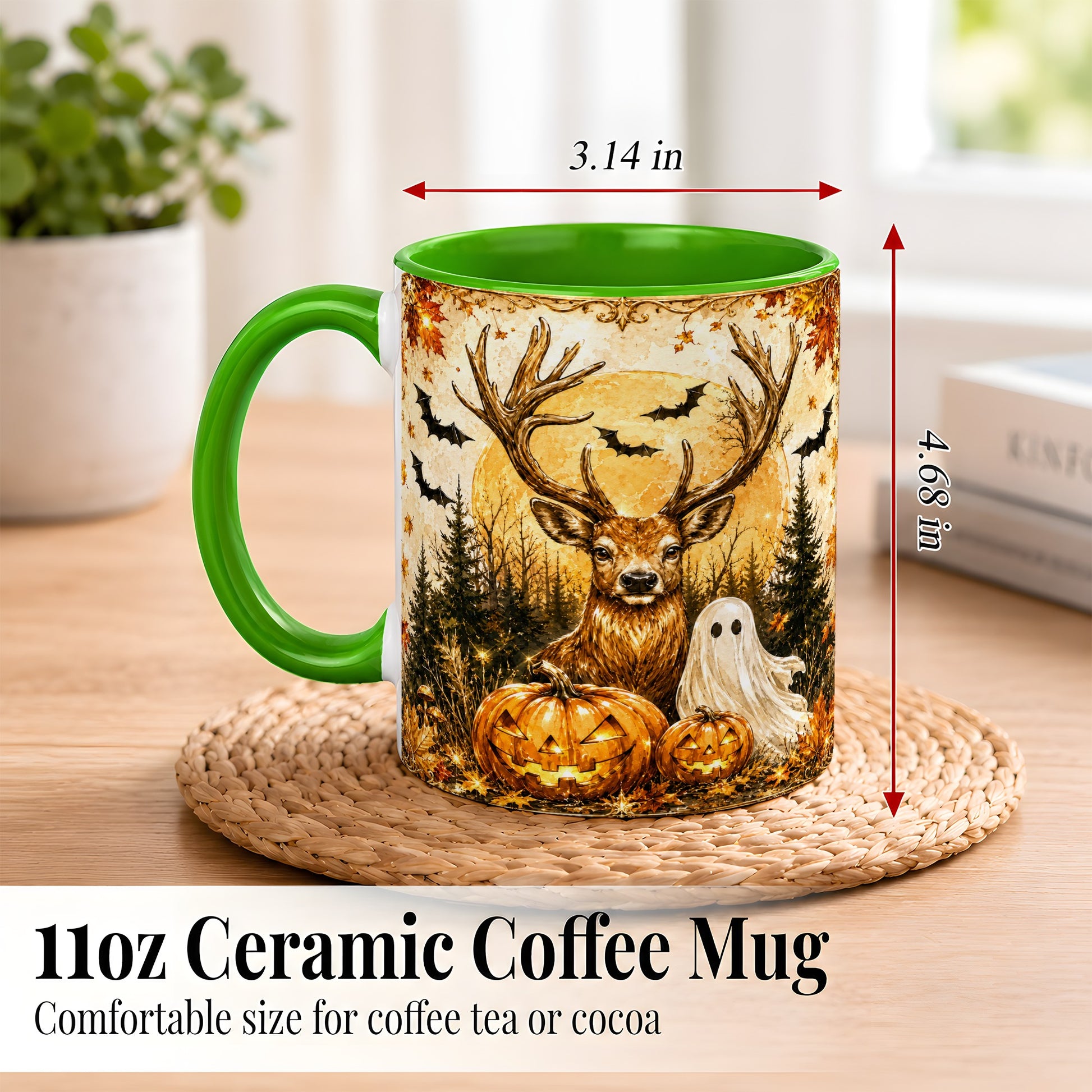 #pl[11oz|Green] Halloween Deer Coffee Mug, Ghost Pumpkin Mug, Ceramic Cup