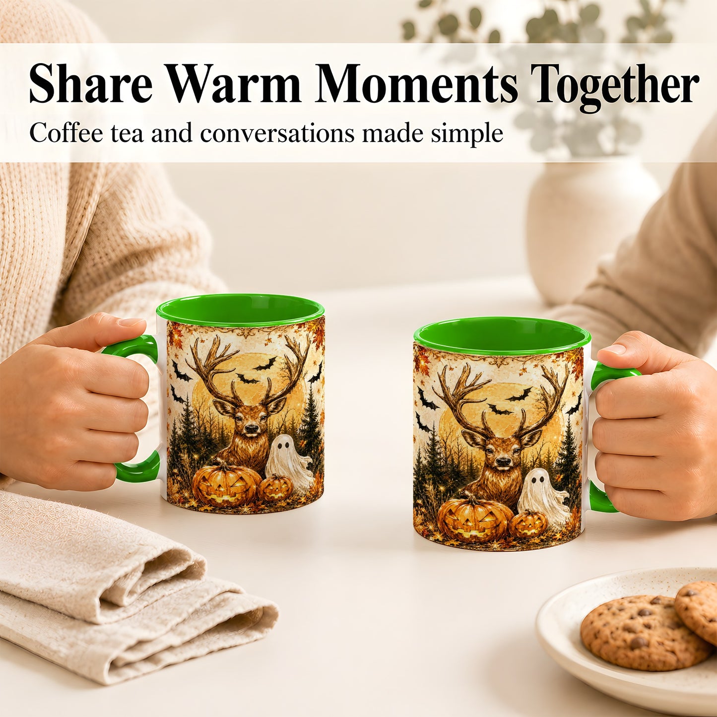 #pl[11oz|Green] Halloween Deer Coffee Mug, Ghost Pumpkin Mug, Ceramic Cup