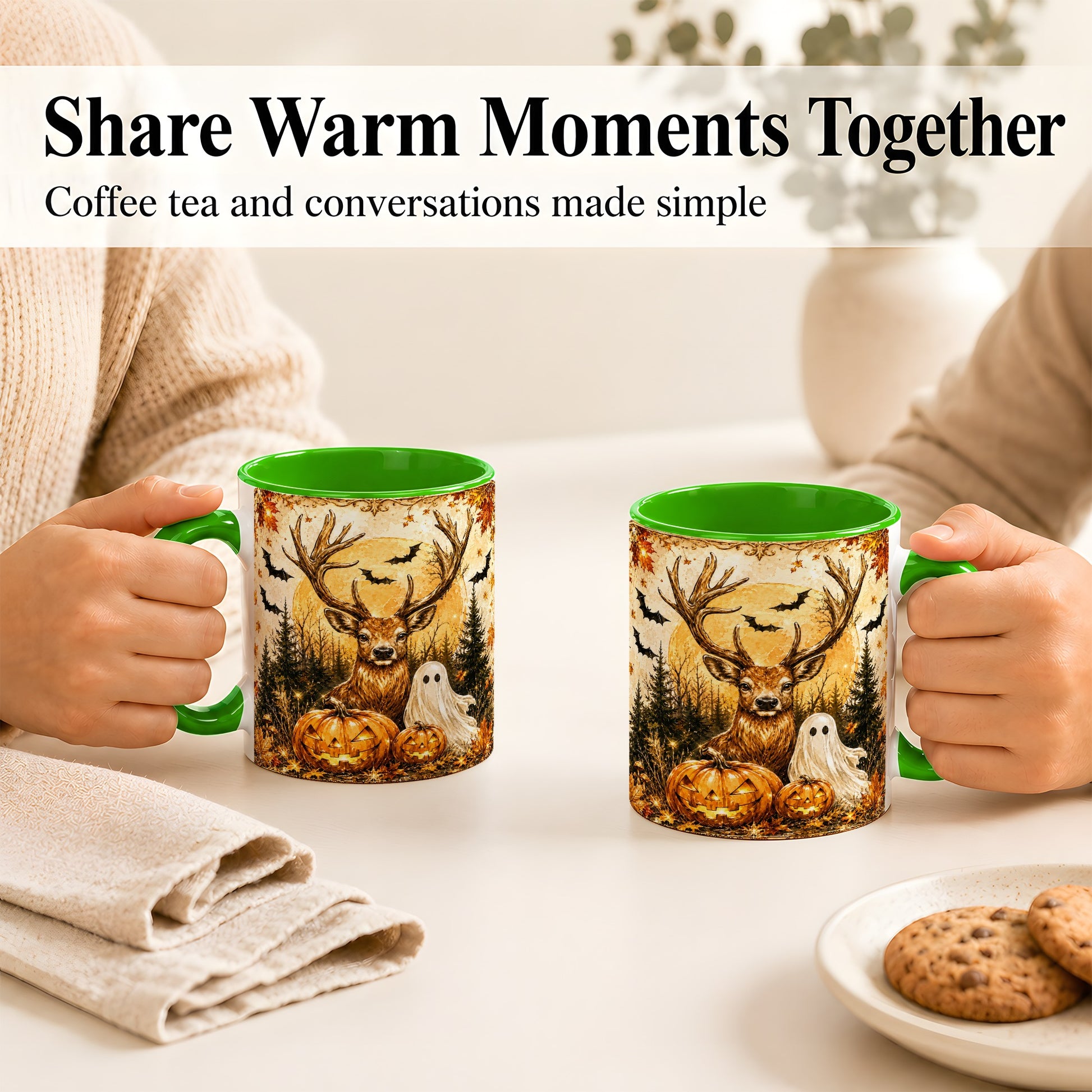 #pl[11oz|Green] Halloween Deer Coffee Mug, Ghost Pumpkin Mug, Ceramic Cup