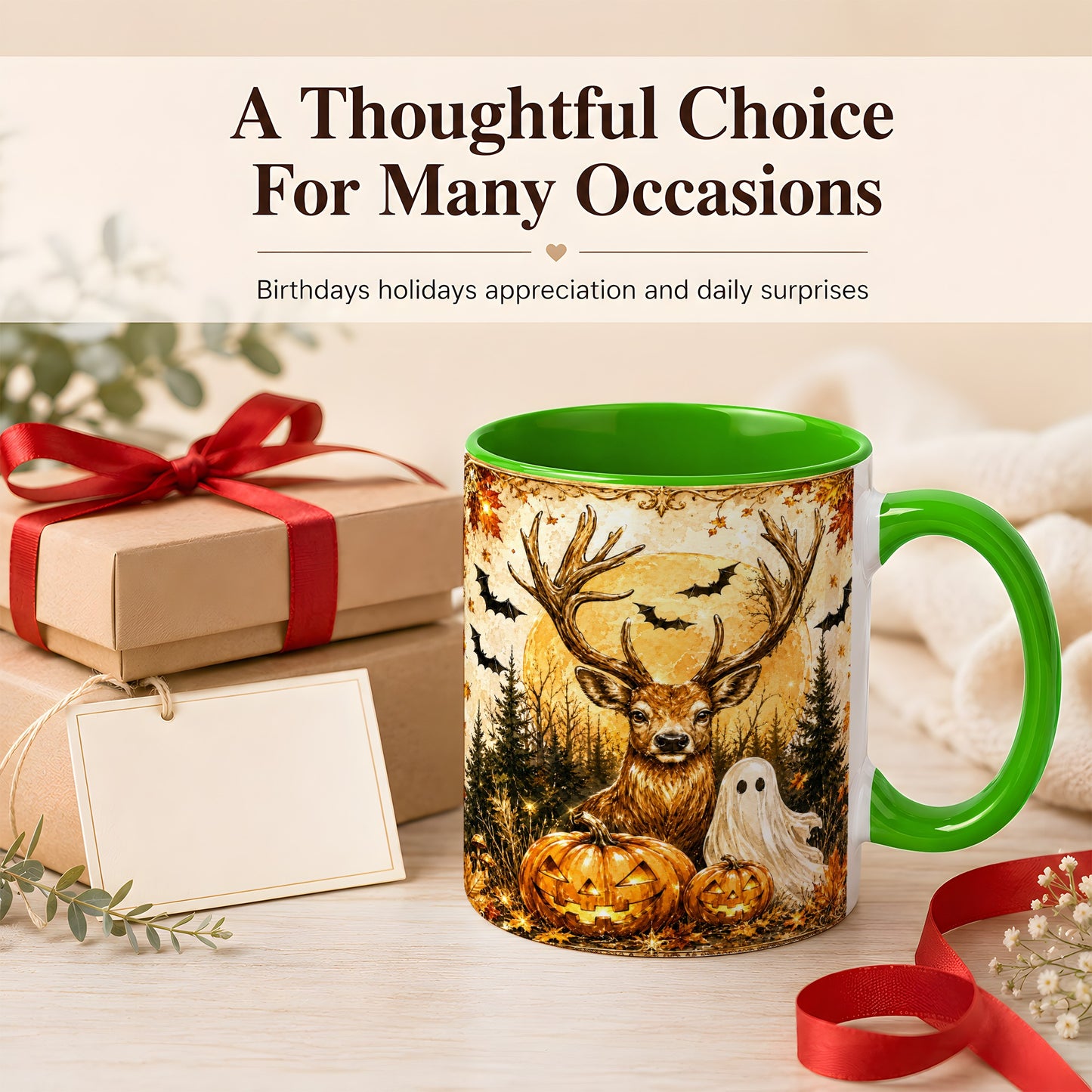#pl[11oz|Green] Halloween Deer Coffee Mug, Ghost Pumpkin Mug, Ceramic Cup