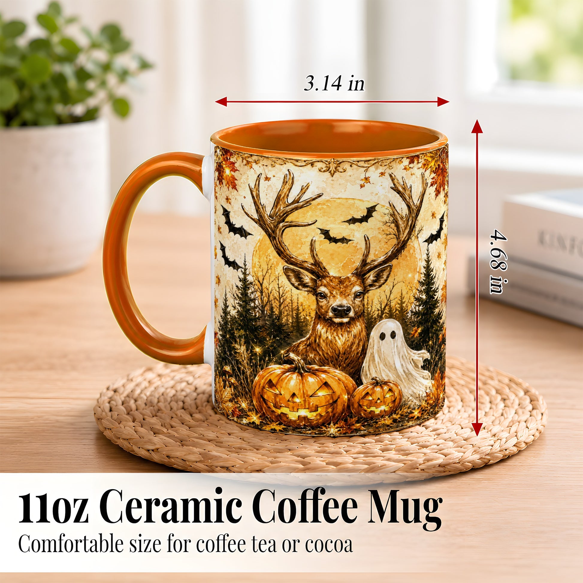 #pl[11oz|Orange] Halloween Deer Coffee Mug, Ghost Pumpkin Mug, Ceramic Cup