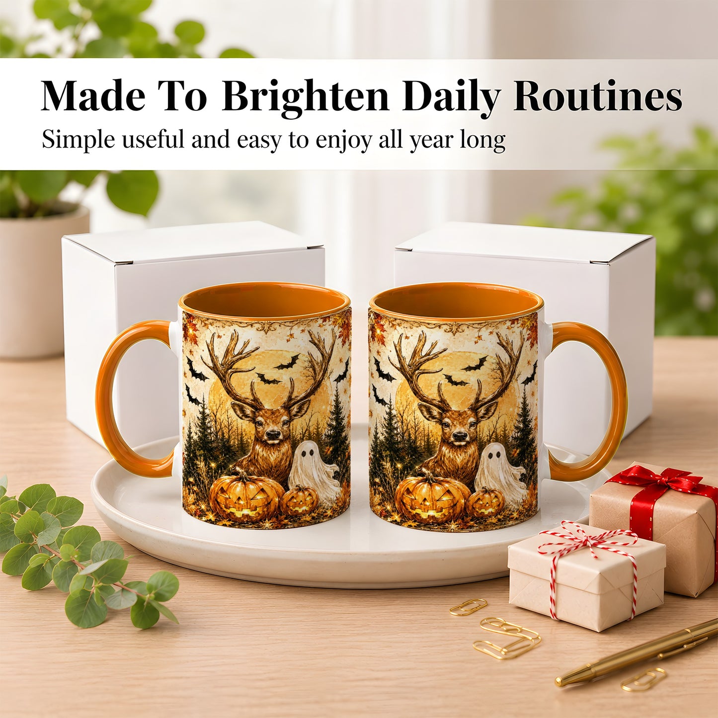 #pl[11oz|Orange] Halloween Deer Coffee Mug, Ghost Pumpkin Mug, Ceramic Cup