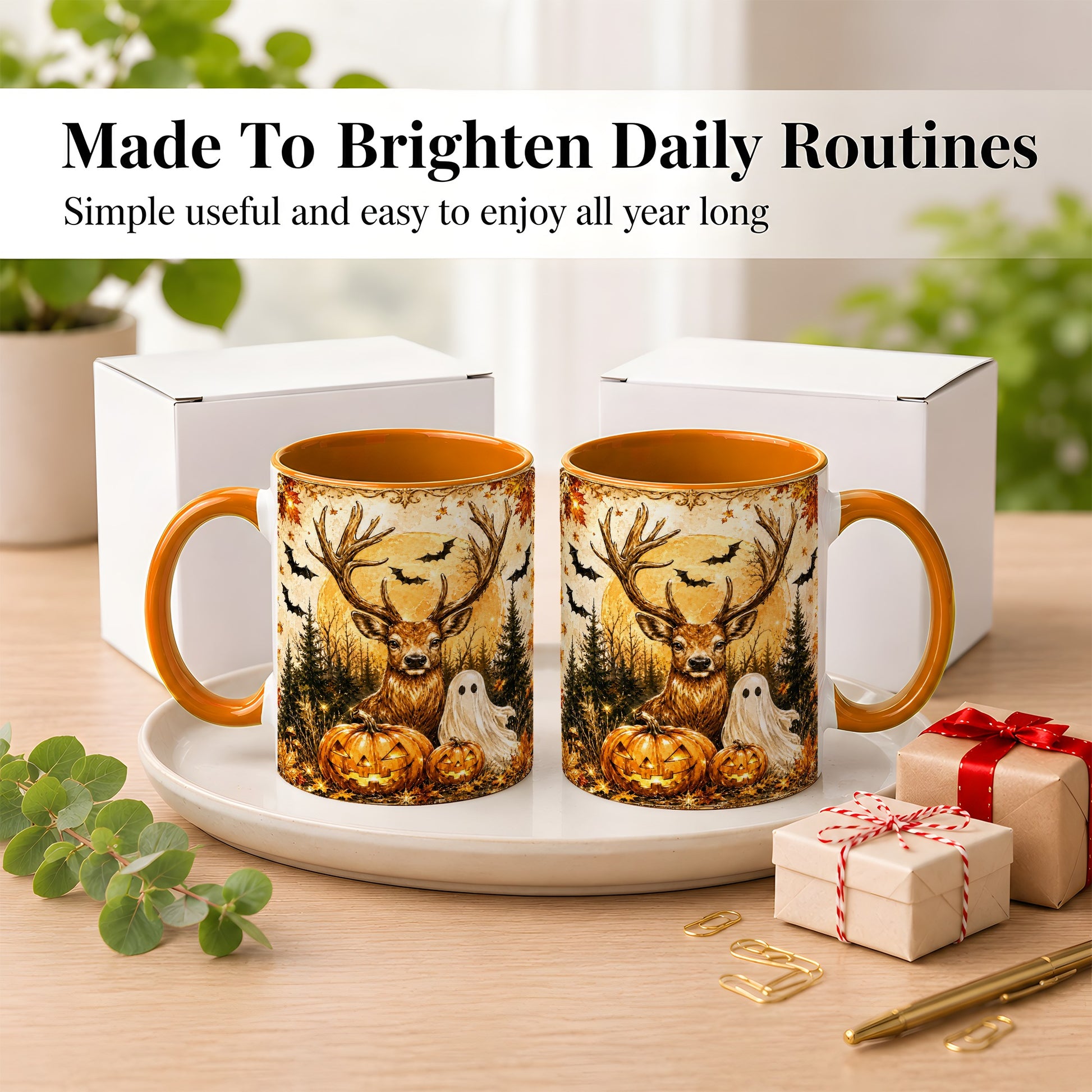 #pl[11oz|Orange] Halloween Deer Coffee Mug, Ghost Pumpkin Mug, Ceramic Cup