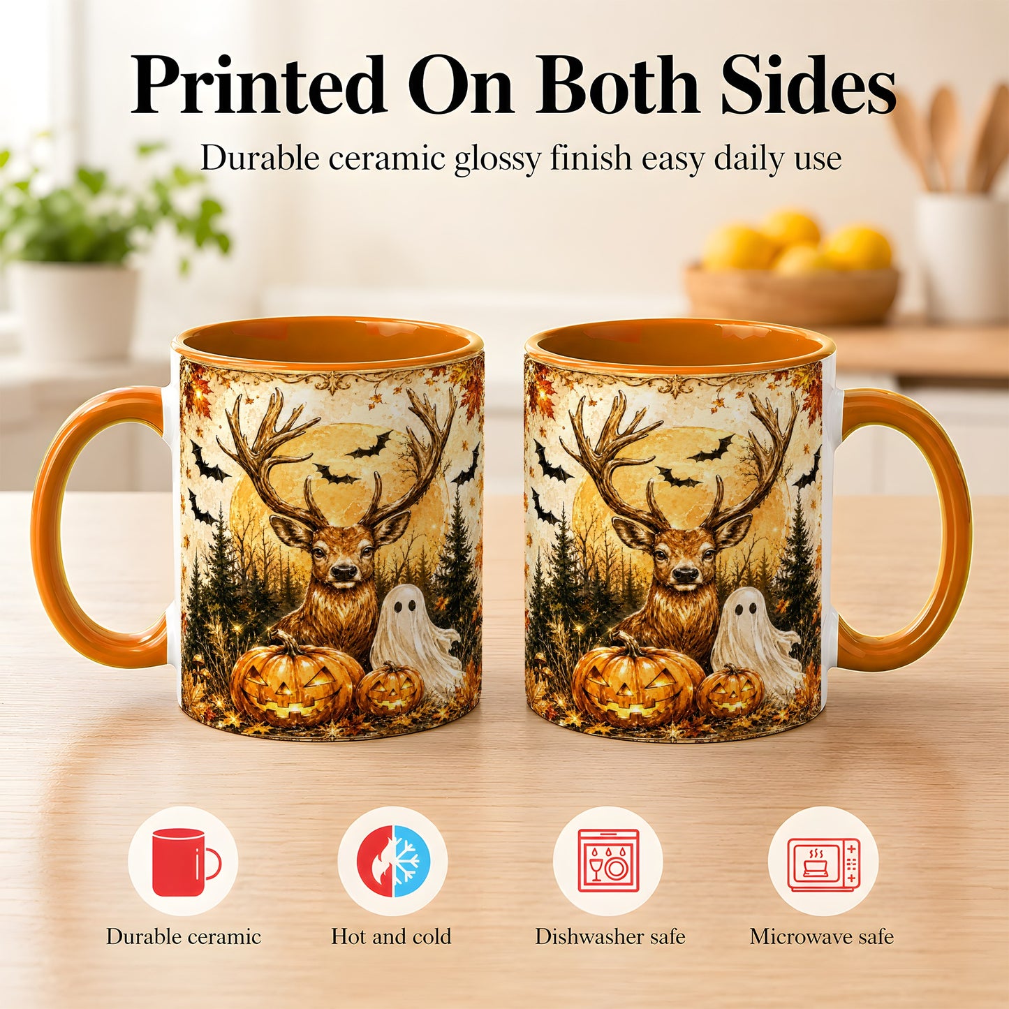 #pl[11oz|Orange] Halloween Deer Coffee Mug, Ghost Pumpkin Mug, Ceramic Cup