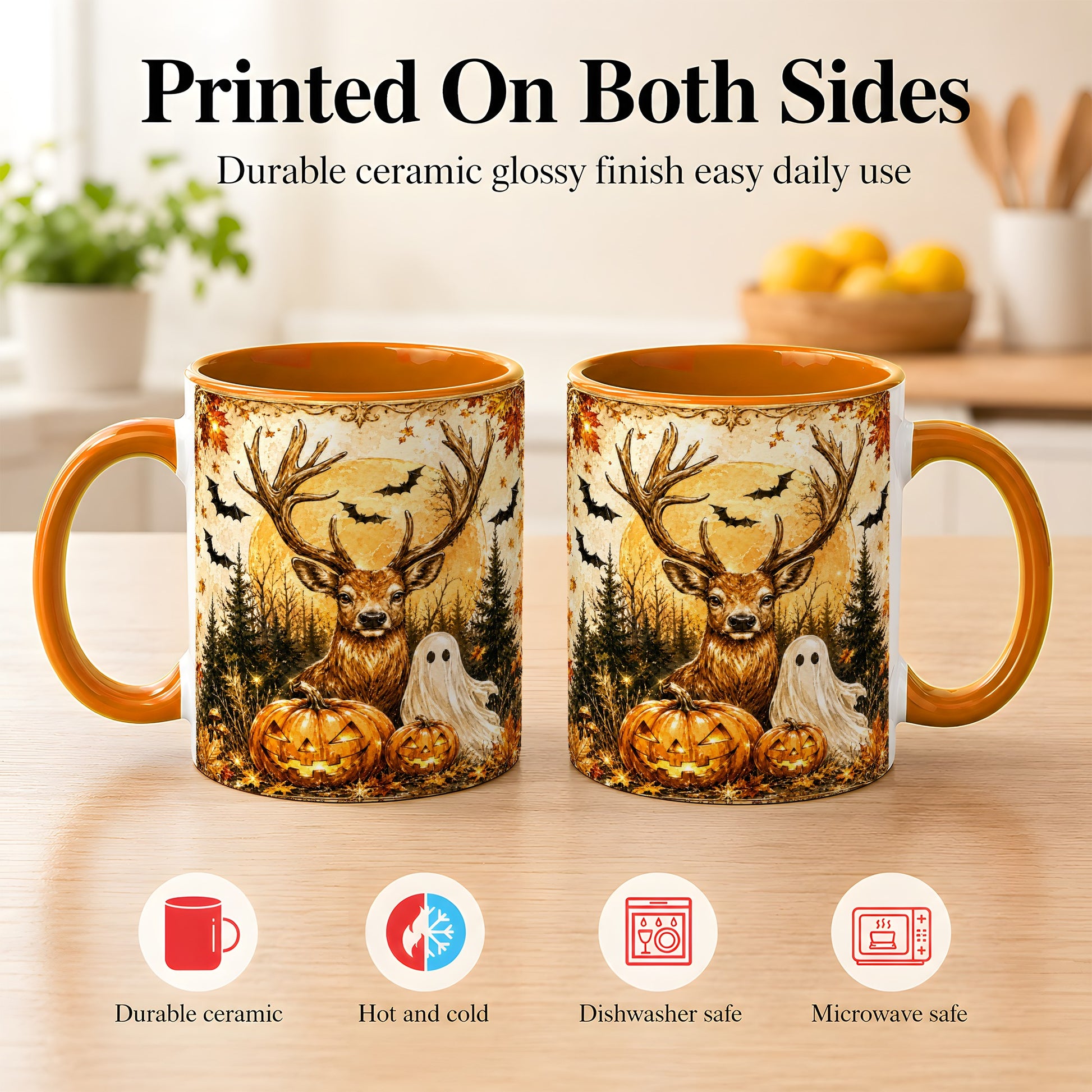 #pl[11oz|Orange] Halloween Deer Coffee Mug, Ghost Pumpkin Mug, Ceramic Cup