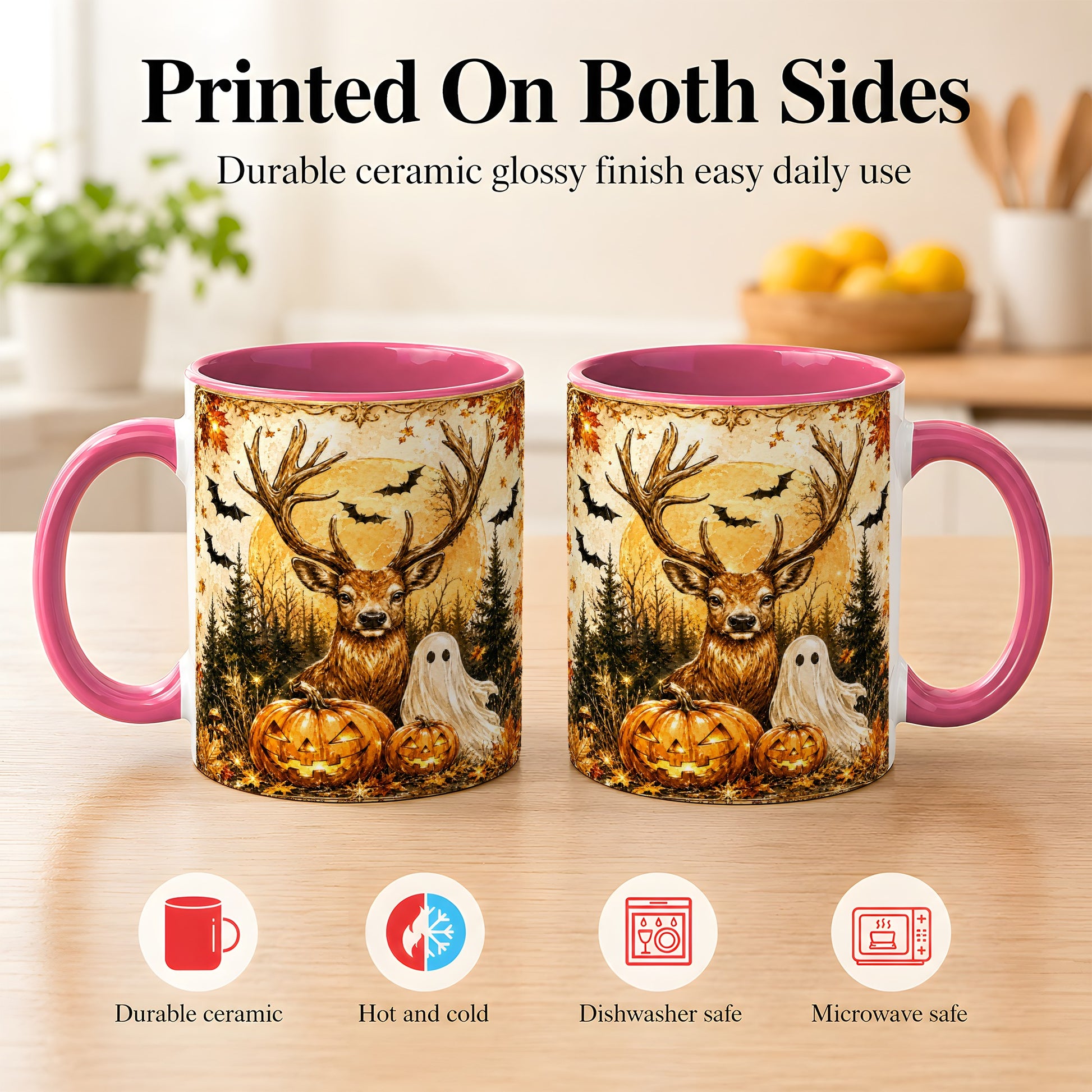 #pl[11oz|Pink] Halloween Deer Coffee Mug, Ghost Pumpkin Mug, Ceramic Cup