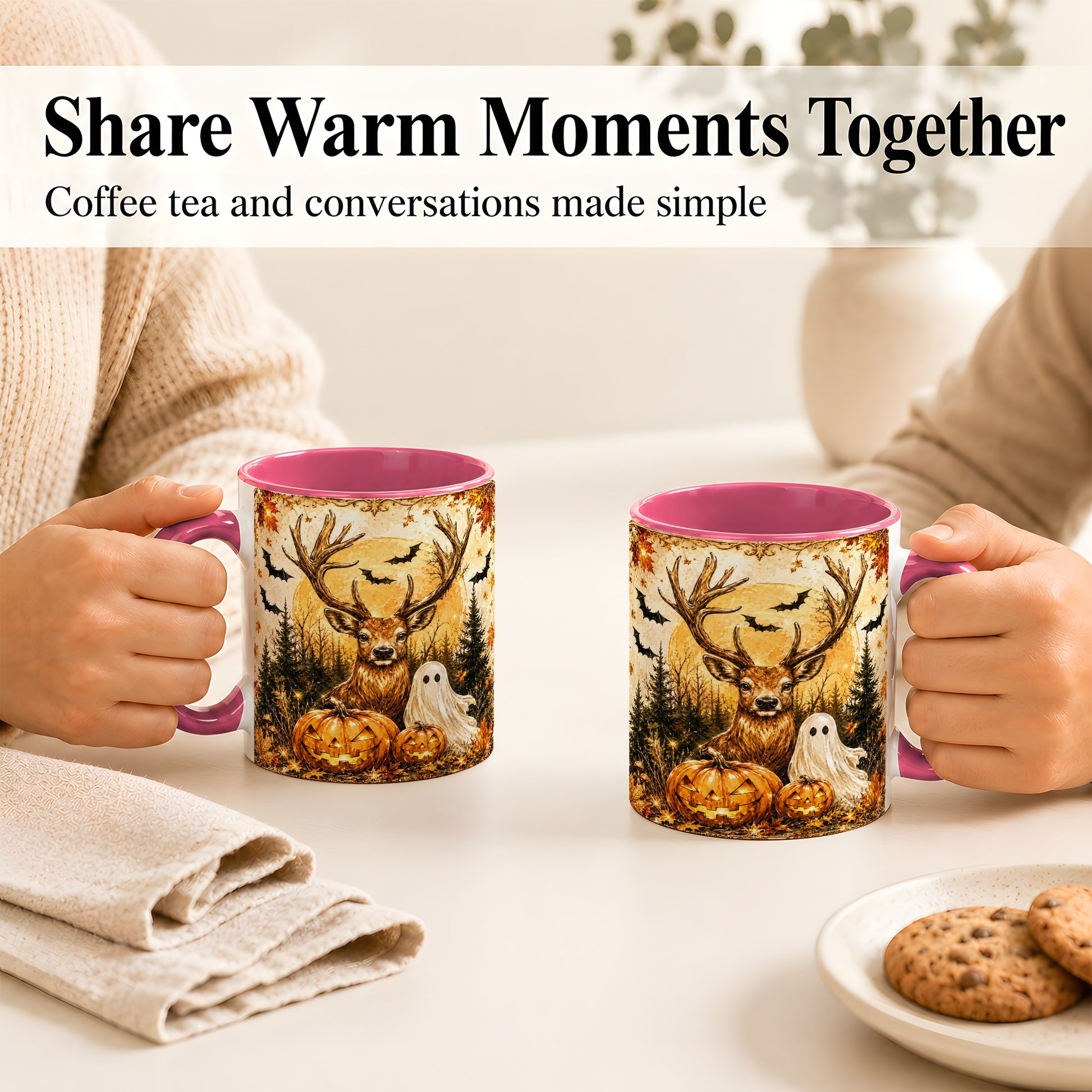 #pl[11oz|Pink] Halloween Deer Coffee Mug, Ghost Pumpkin Mug, Ceramic Cup