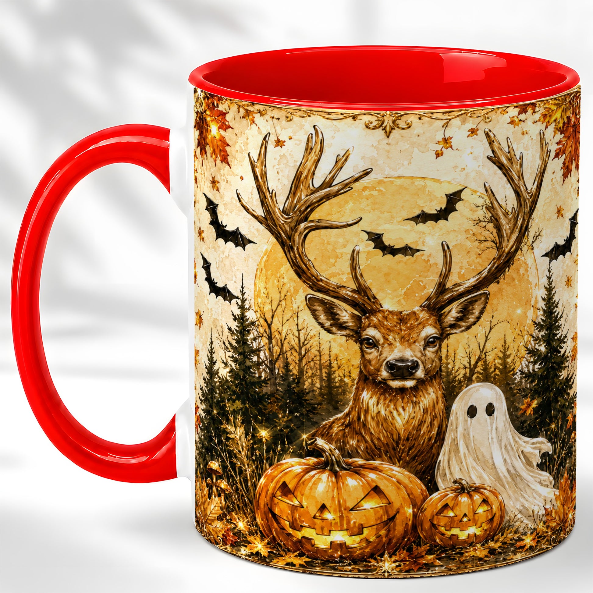 #pl[11oz|Red] Halloween Deer Coffee Mug, Ghost Pumpkin Mug, Ceramic Cup