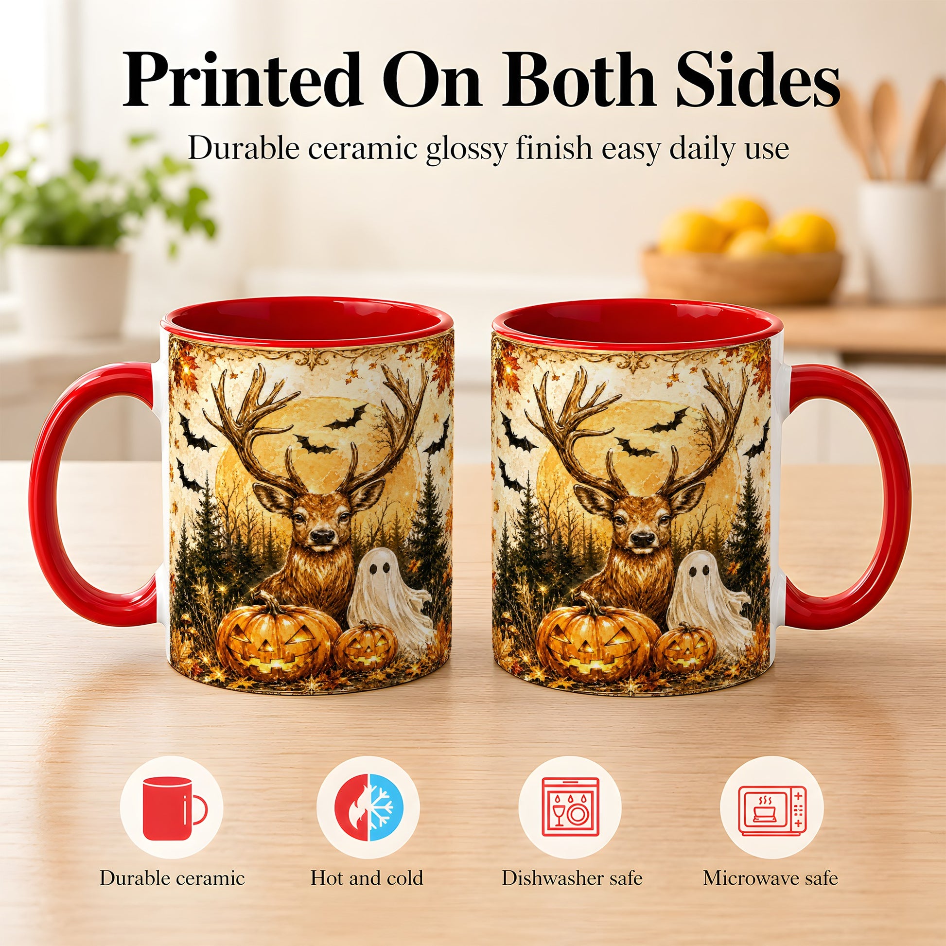 #pl[11oz|Red] Halloween Deer Coffee Mug, Ghost Pumpkin Mug, Ceramic Cup