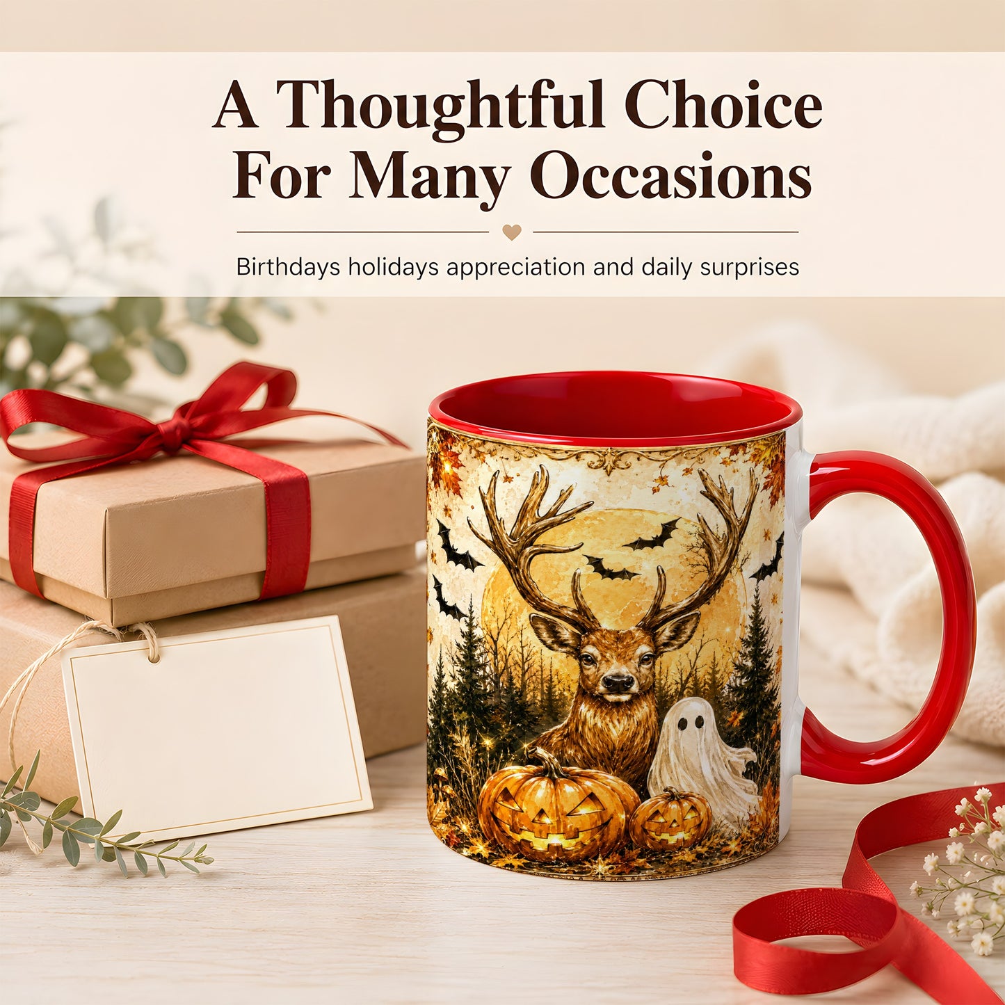 #pl[11oz|Red] Halloween Deer Coffee Mug, Ghost Pumpkin Mug, Ceramic Cup