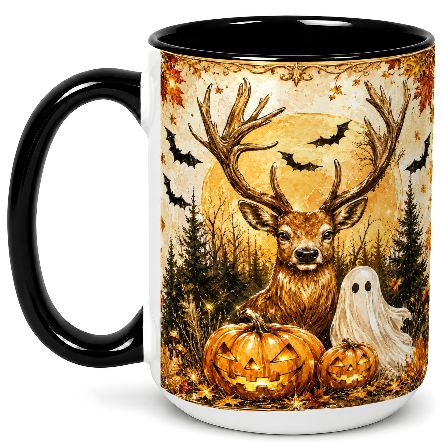 #pl[15oz|Black] Halloween Deer Coffee Mug, Ghost Pumpkin Mug, Ceramic Cup