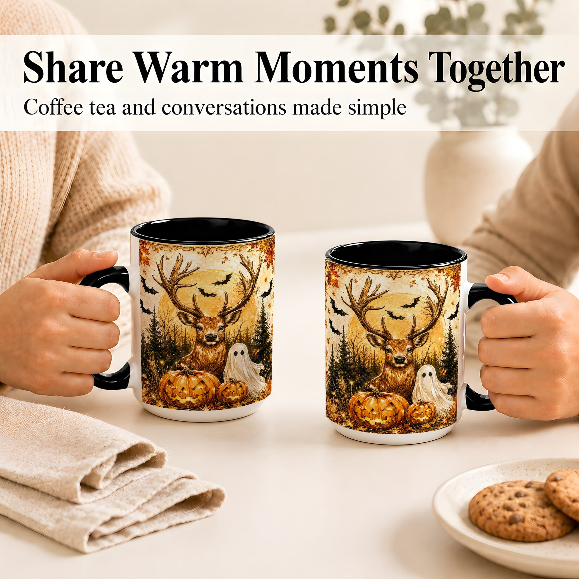 #pl[15oz|Black] Halloween Deer Coffee Mug, Ghost Pumpkin Mug, Ceramic Cup