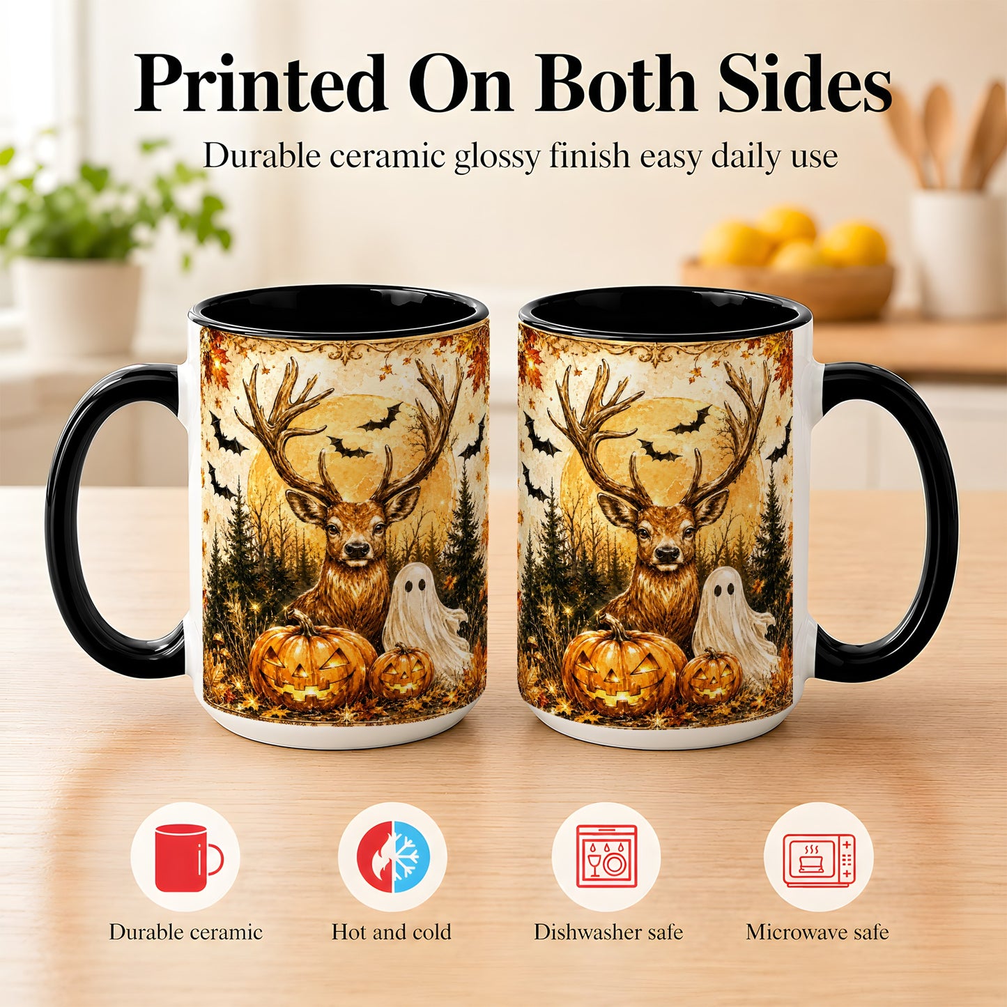 #pl[15oz|Black] Halloween Deer Coffee Mug, Ghost Pumpkin Mug, Ceramic Cup
