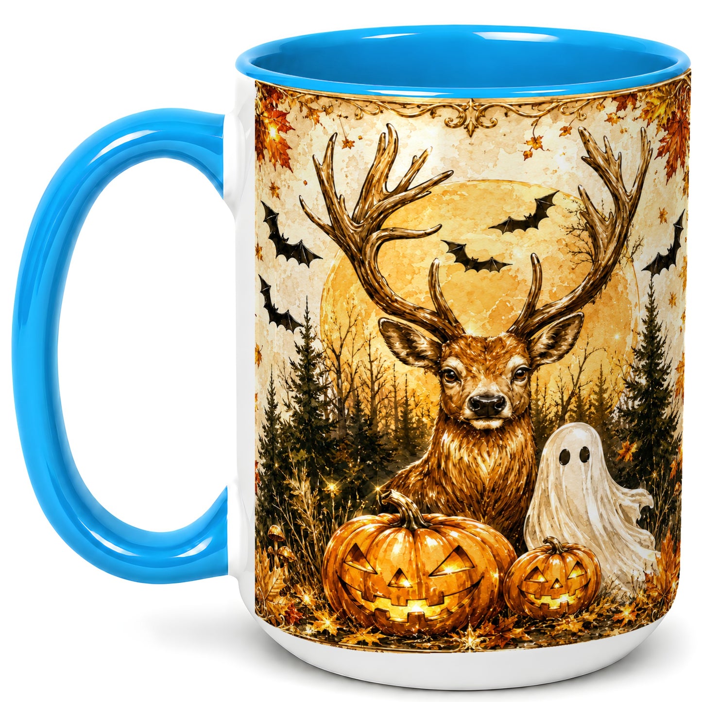 #pl[15oz|Blue] Halloween Deer Coffee Mug, Ghost Pumpkin Mug, Ceramic Cup