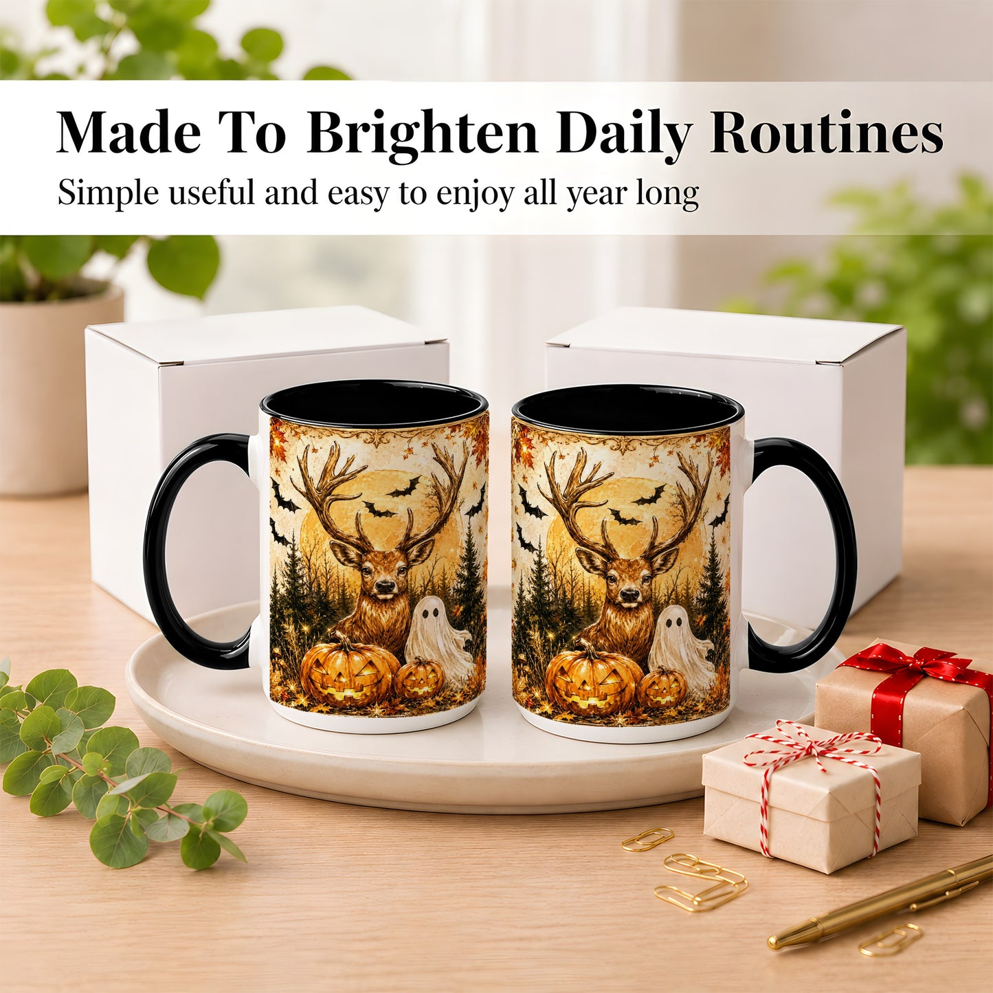 #pl[15oz|Black] Halloween Deer Coffee Mug, Ghost Pumpkin Mug, Ceramic Cup