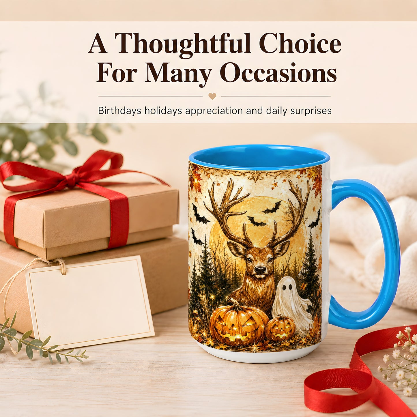 #pl[15oz|Blue] Halloween Deer Coffee Mug, Ghost Pumpkin Mug, Ceramic Cup