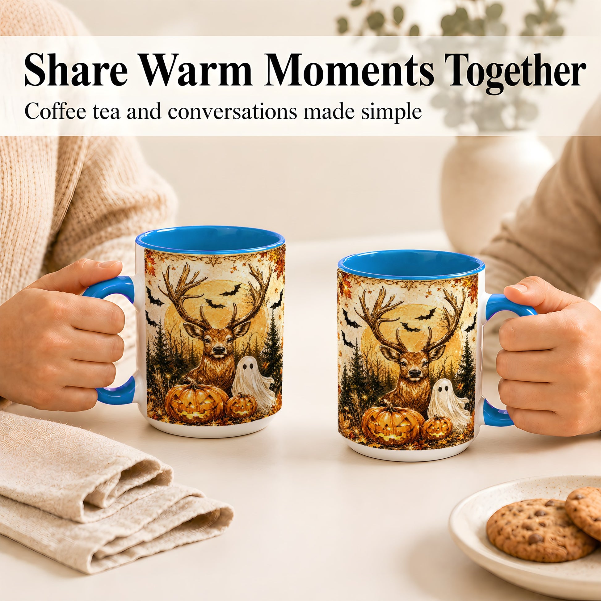 #pl[15oz|Blue] Halloween Deer Coffee Mug, Ghost Pumpkin Mug, Ceramic Cup
