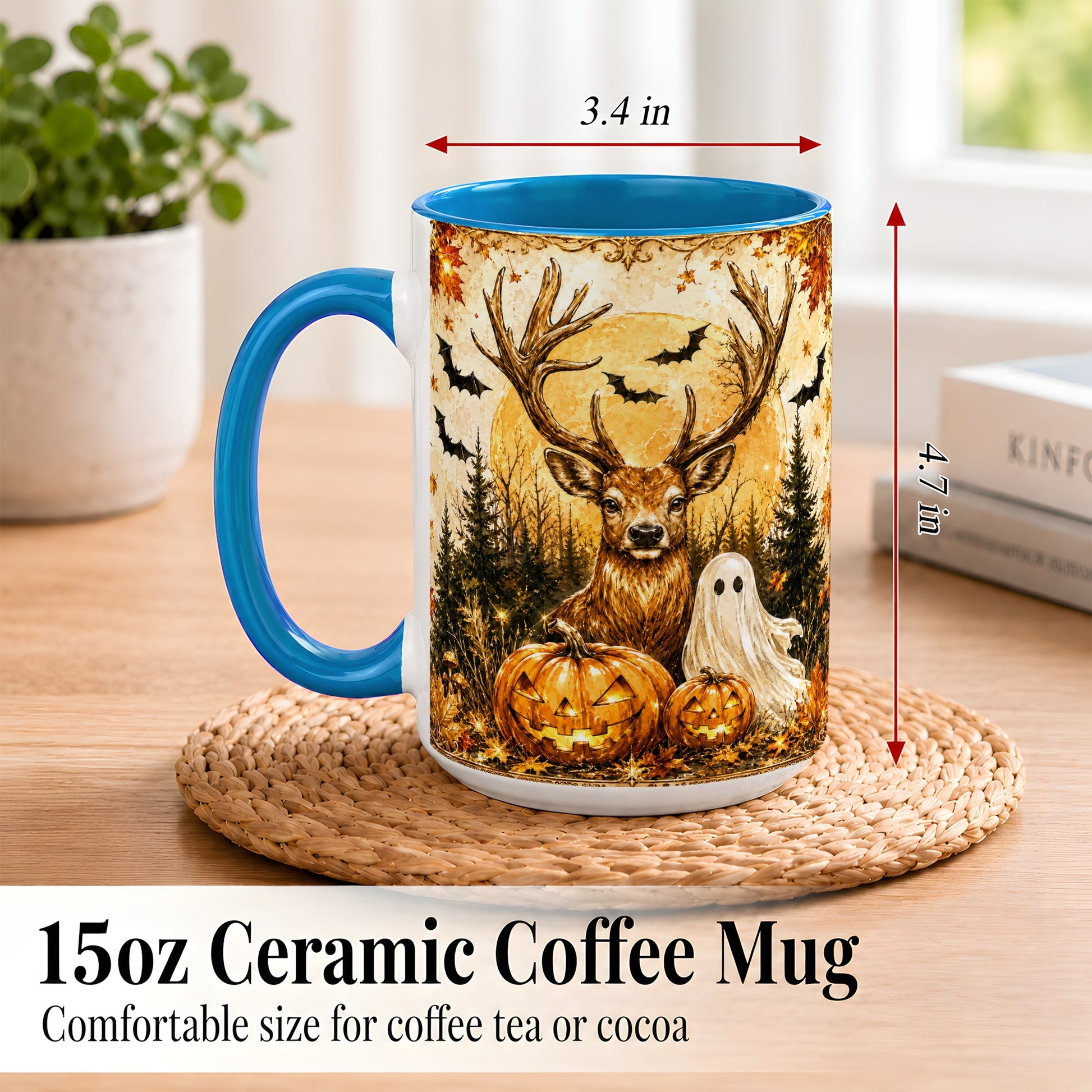 #pl[15oz|Blue] Halloween Deer Coffee Mug, Ghost Pumpkin Mug, Ceramic Cup