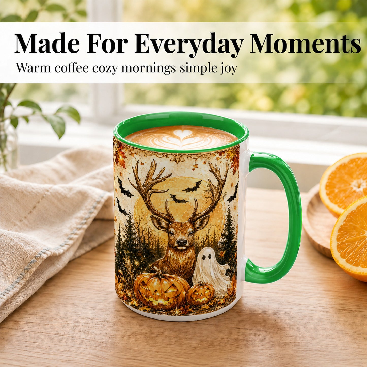 #pl[15oz|Green] Halloween Deer Coffee Mug, Ghost Pumpkin Mug, Ceramic Cup