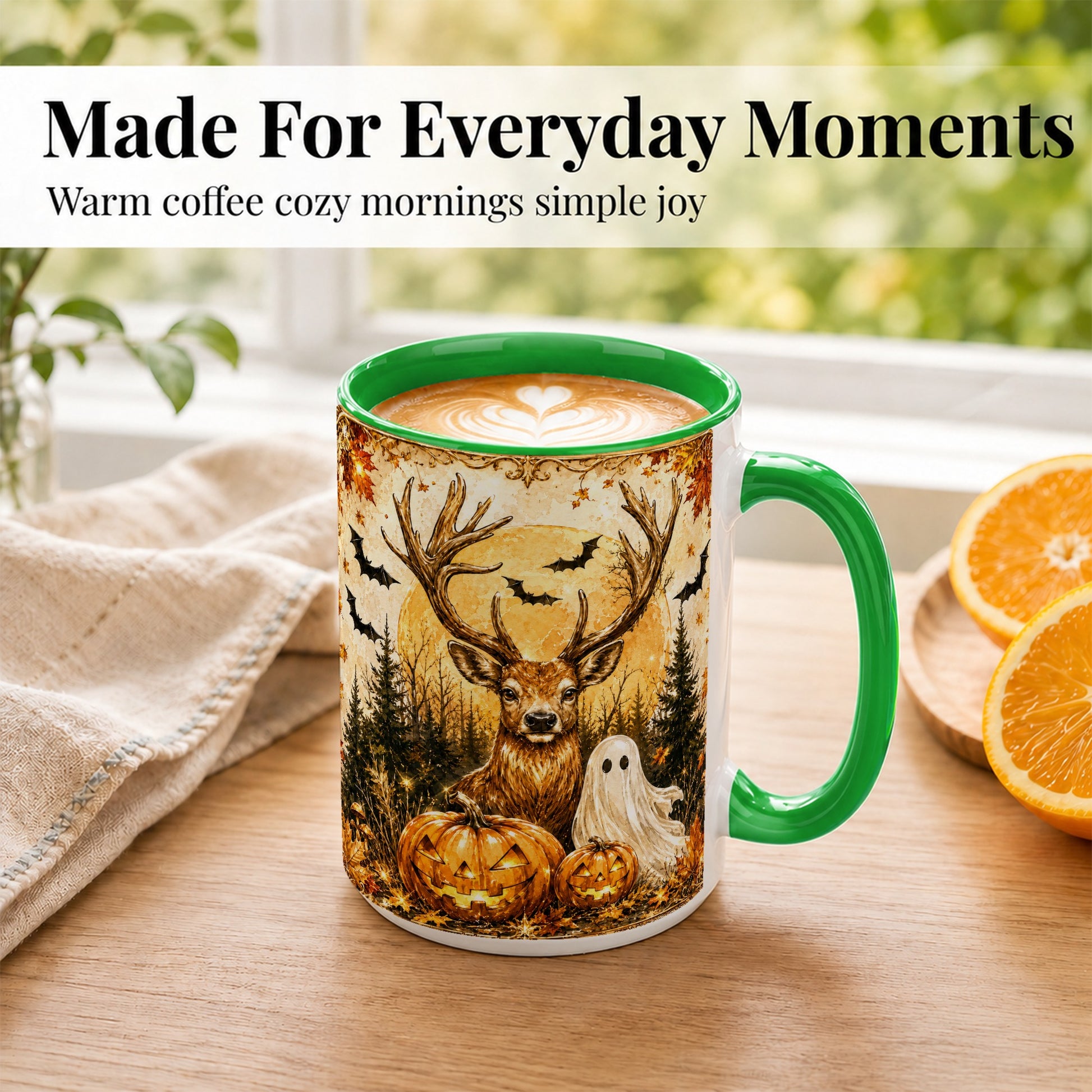 #pl[15oz|Green] Halloween Deer Coffee Mug, Ghost Pumpkin Mug, Ceramic Cup