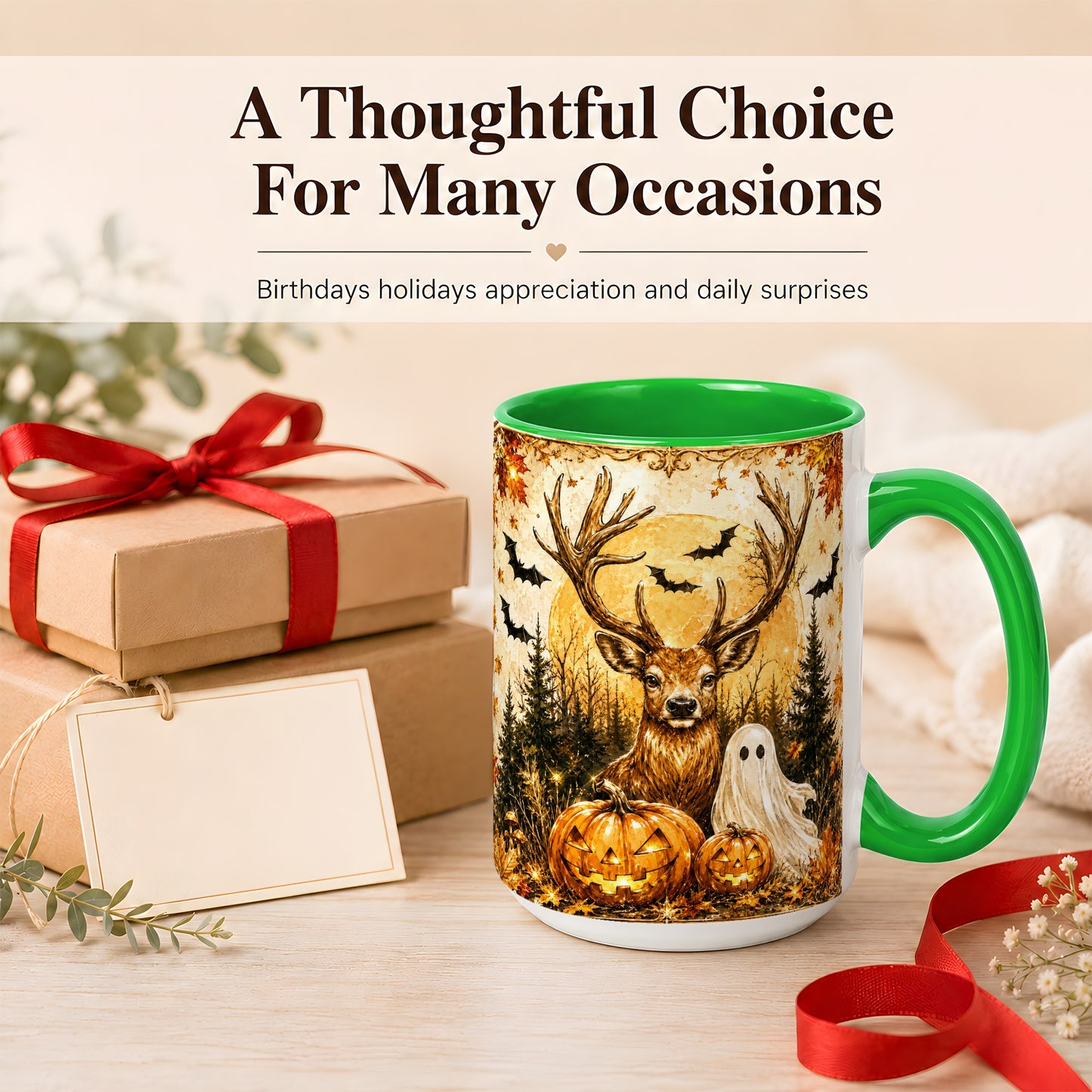 #pl[15oz|Green] Halloween Deer Coffee Mug, Ghost Pumpkin Mug, Ceramic Cup