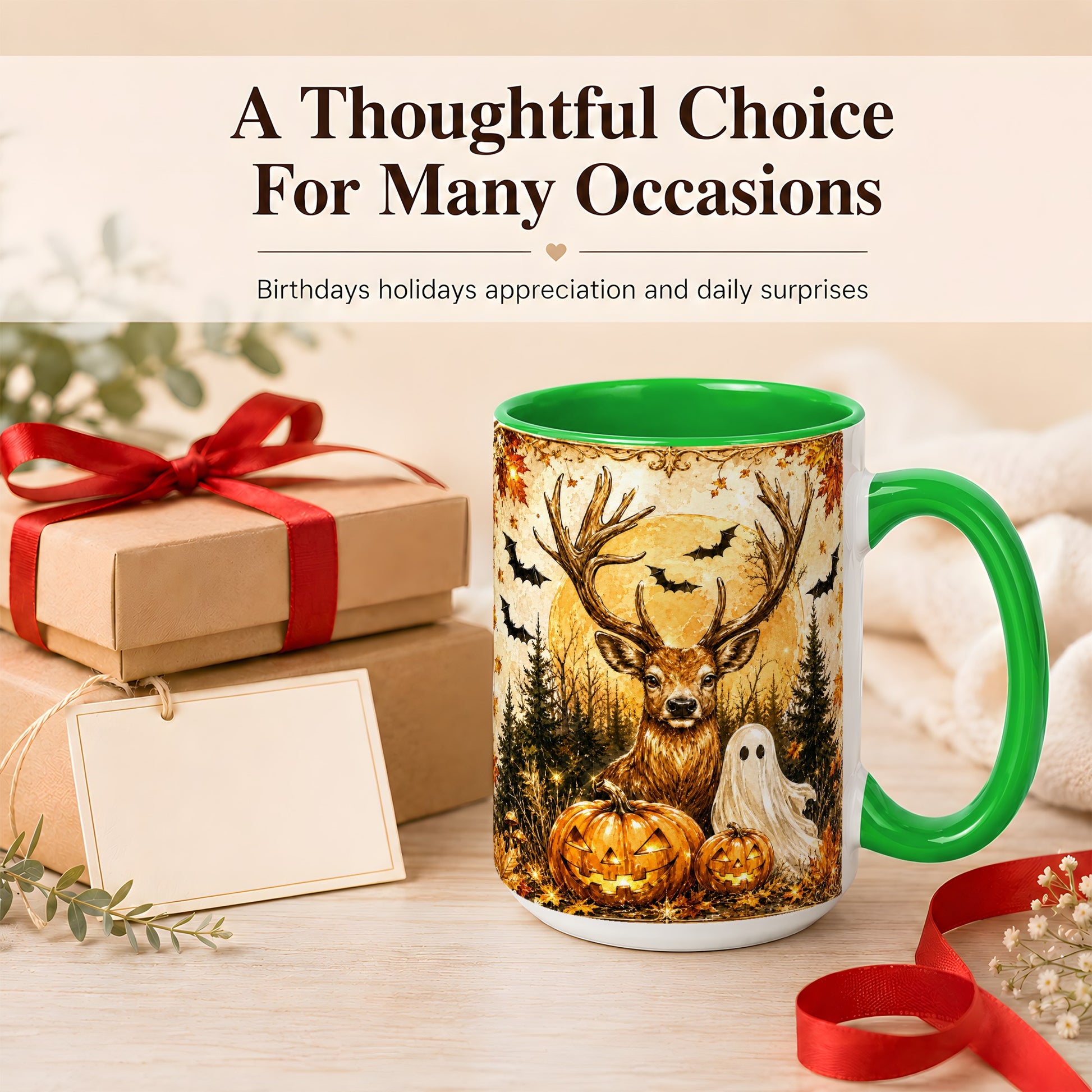 #pl[15oz|Green] Halloween Deer Coffee Mug, Ghost Pumpkin Mug, Ceramic Cup