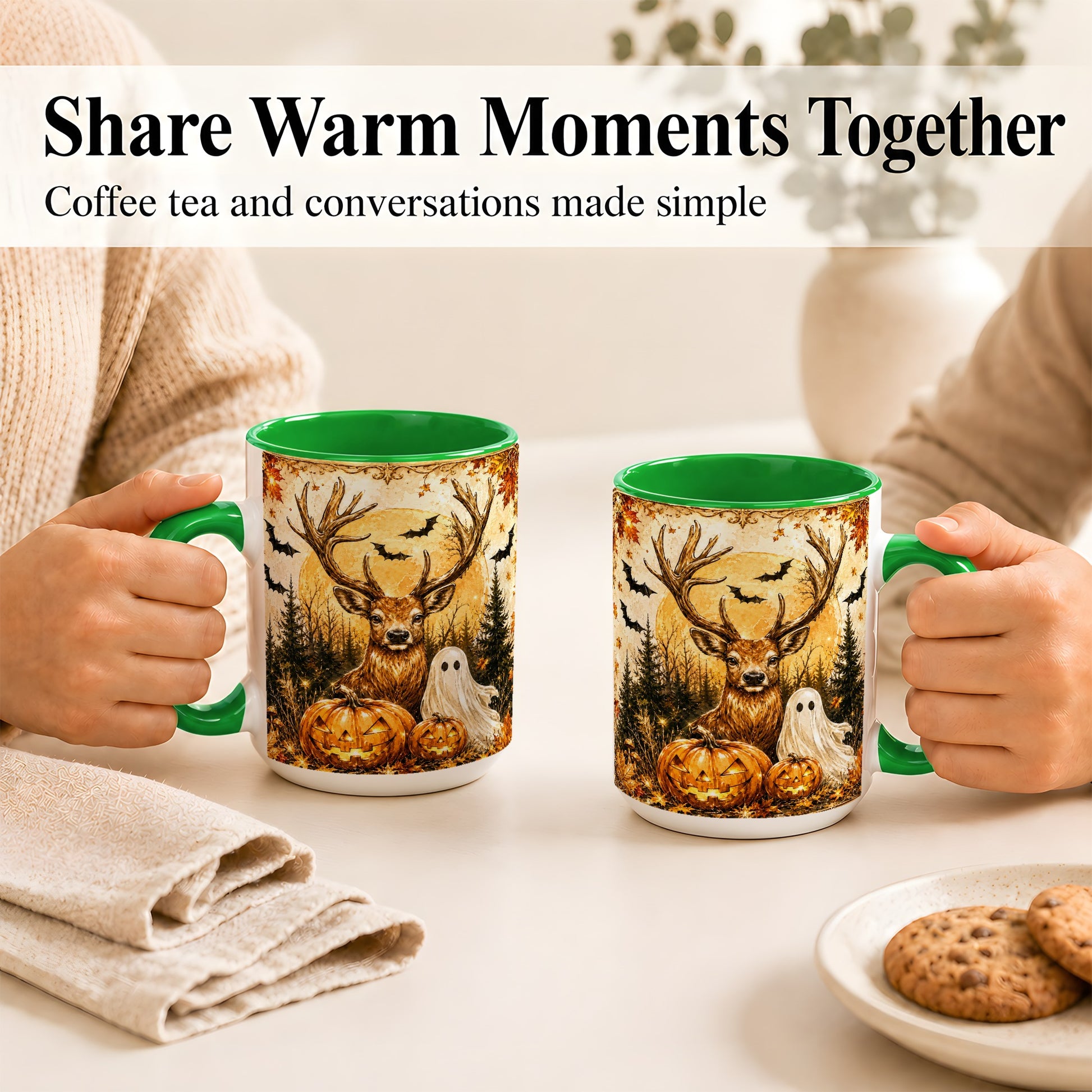#pl[15oz|Green] Halloween Deer Coffee Mug, Ghost Pumpkin Mug, Ceramic Cup