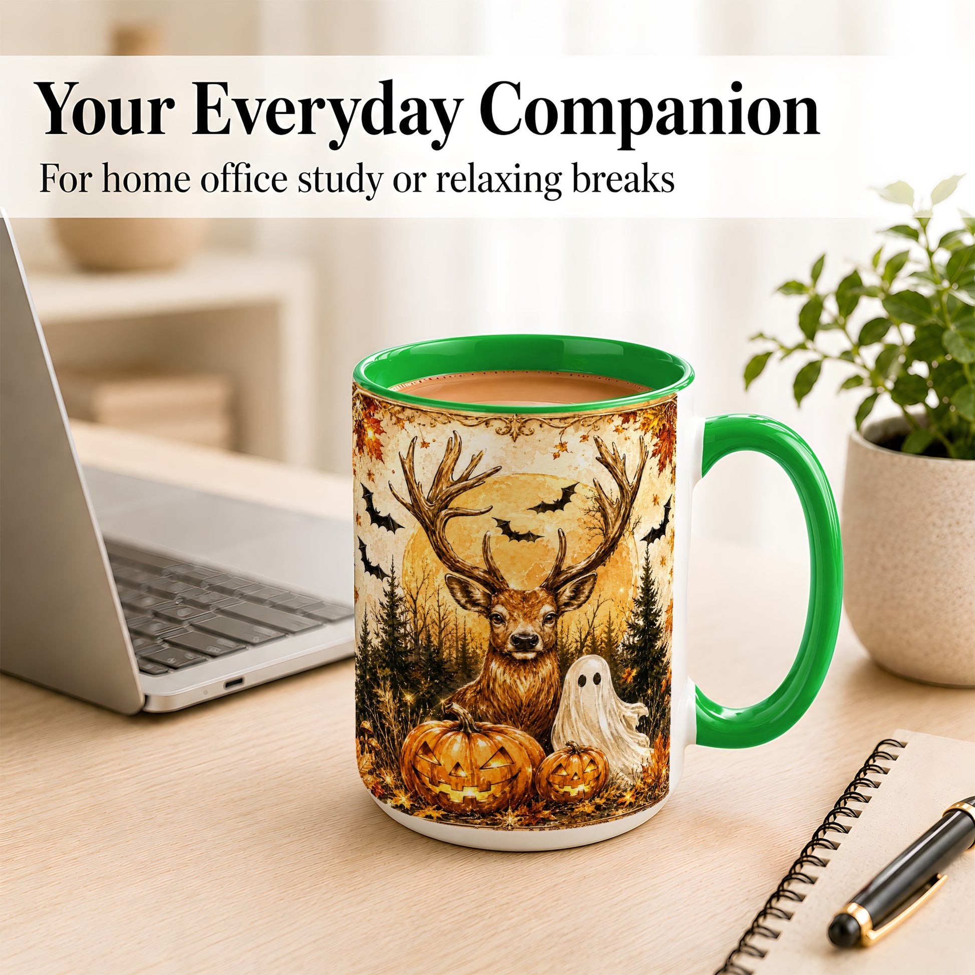 #pl[15oz|Green] Halloween Deer Coffee Mug, Ghost Pumpkin Mug, Ceramic Cup