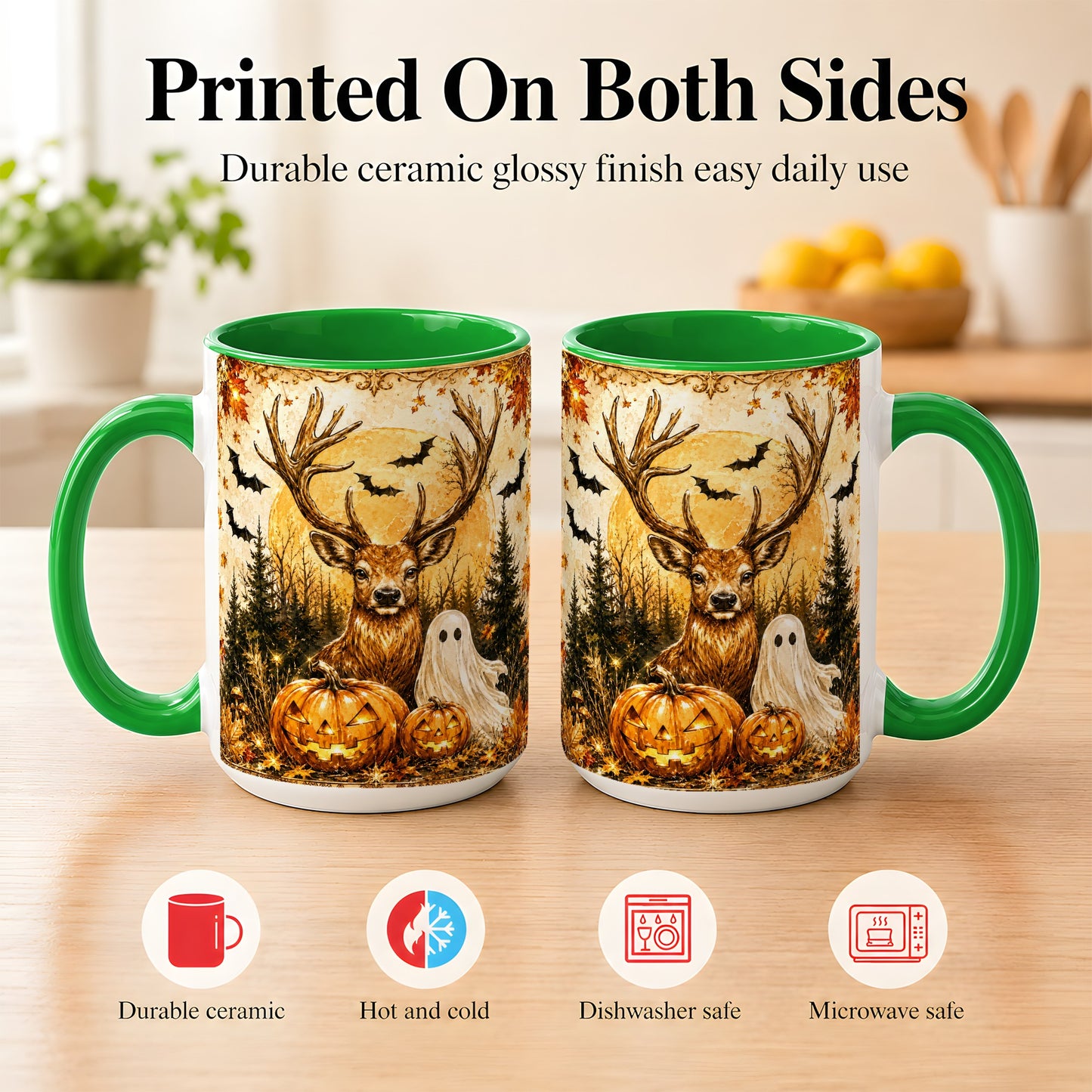 #pl[15oz|Green] Halloween Deer Coffee Mug, Ghost Pumpkin Mug, Ceramic Cup