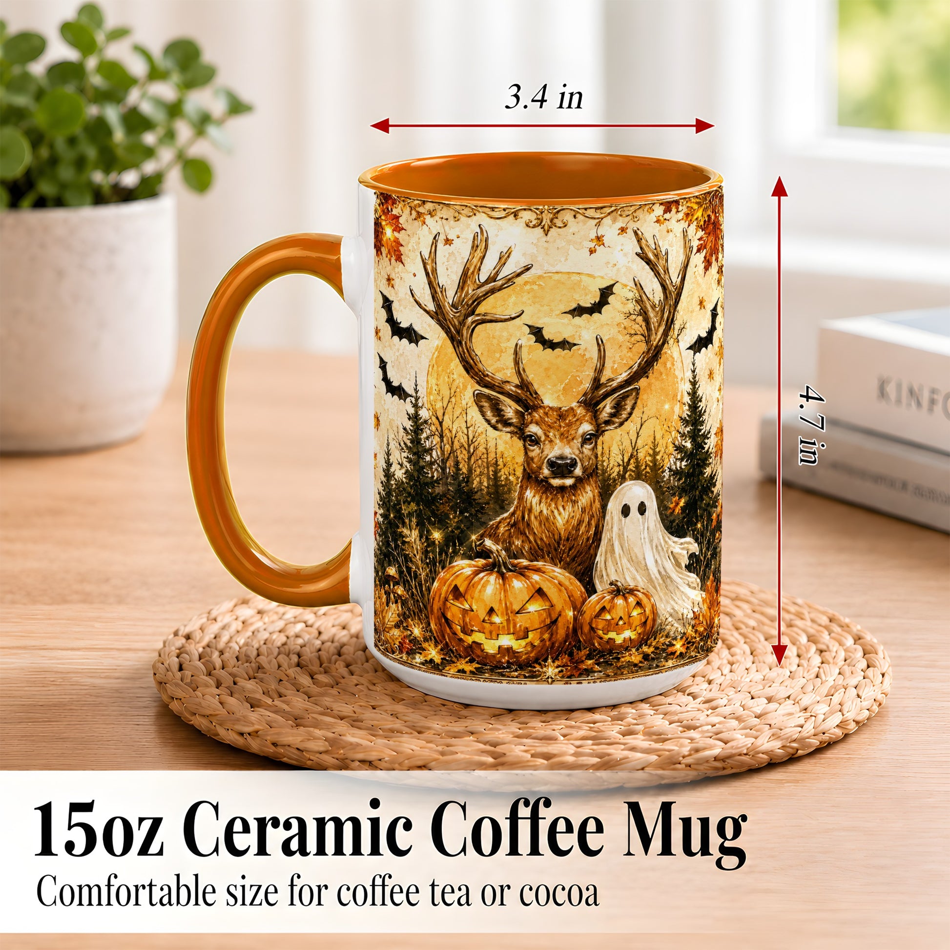 #pl[15oz|Orange] Halloween Deer Coffee Mug, Ghost Pumpkin Mug, Ceramic Cup