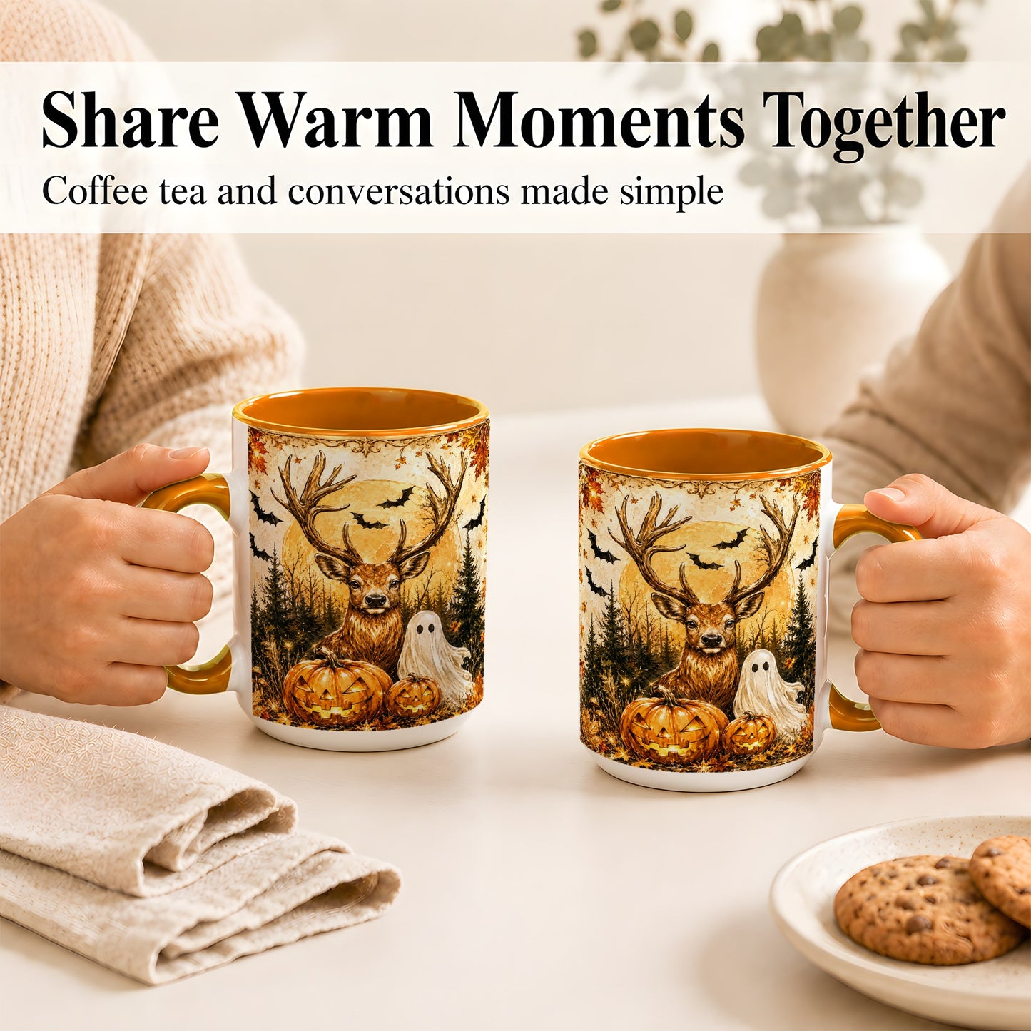 #pl[15oz|Orange] Halloween Deer Coffee Mug, Ghost Pumpkin Mug, Ceramic Cup