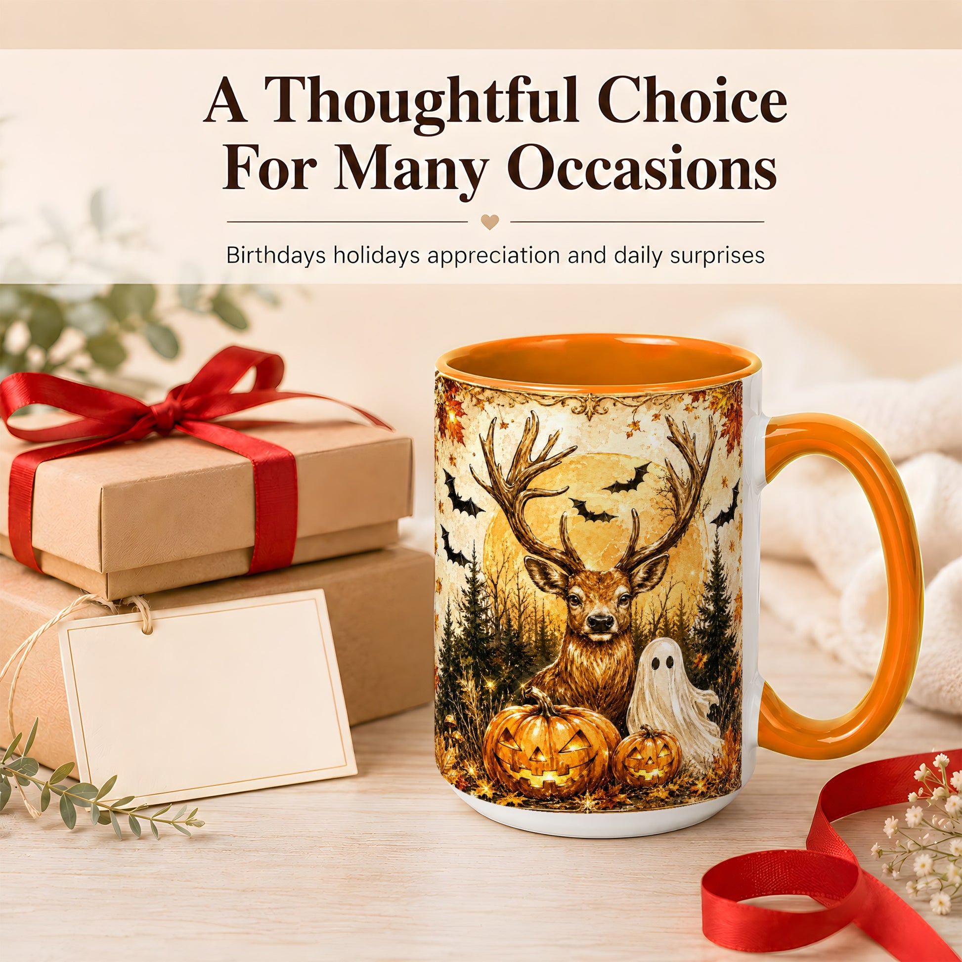 #pl[15oz|Orange] Halloween Deer Coffee Mug, Ghost Pumpkin Mug, Ceramic Cup
