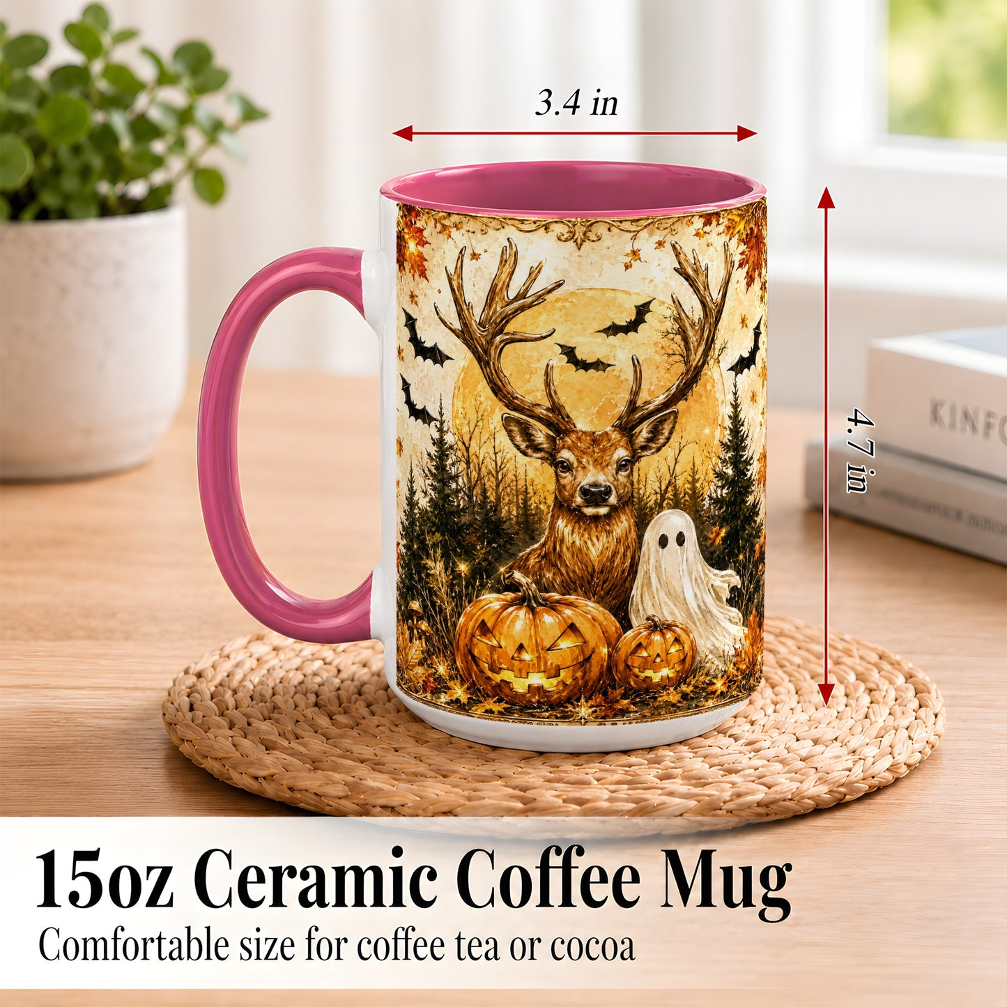 #pl[15oz|Pink] Halloween Deer Coffee Mug, Ghost Pumpkin Mug, Ceramic Cup