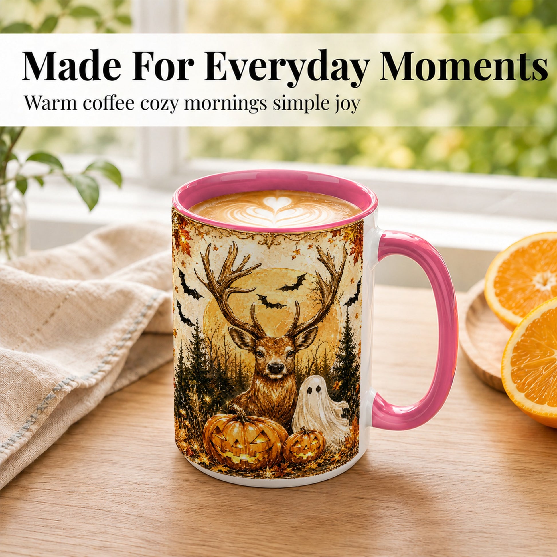 #pl[15oz|Pink] Halloween Deer Coffee Mug, Ghost Pumpkin Mug, Ceramic Cup