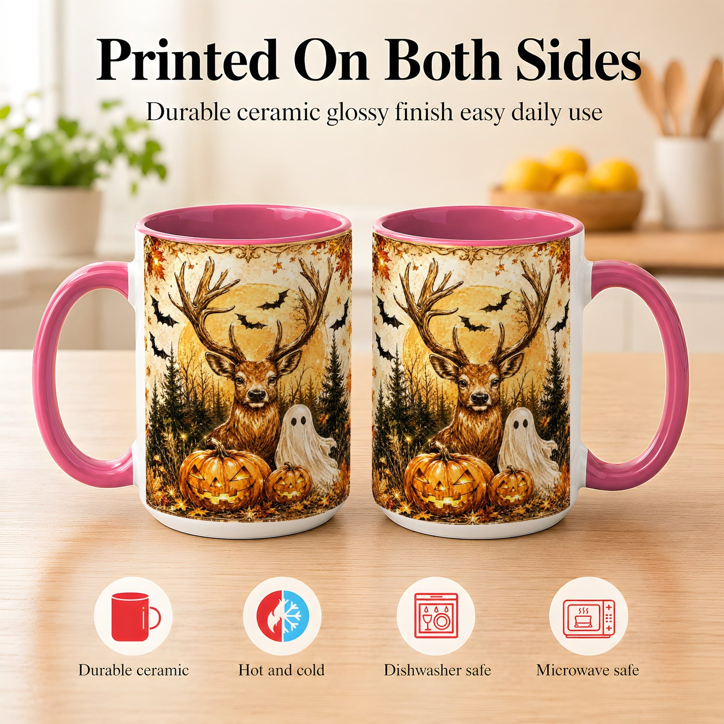 #pl[15oz|Pink] Halloween Deer Coffee Mug, Ghost Pumpkin Mug, Ceramic Cup