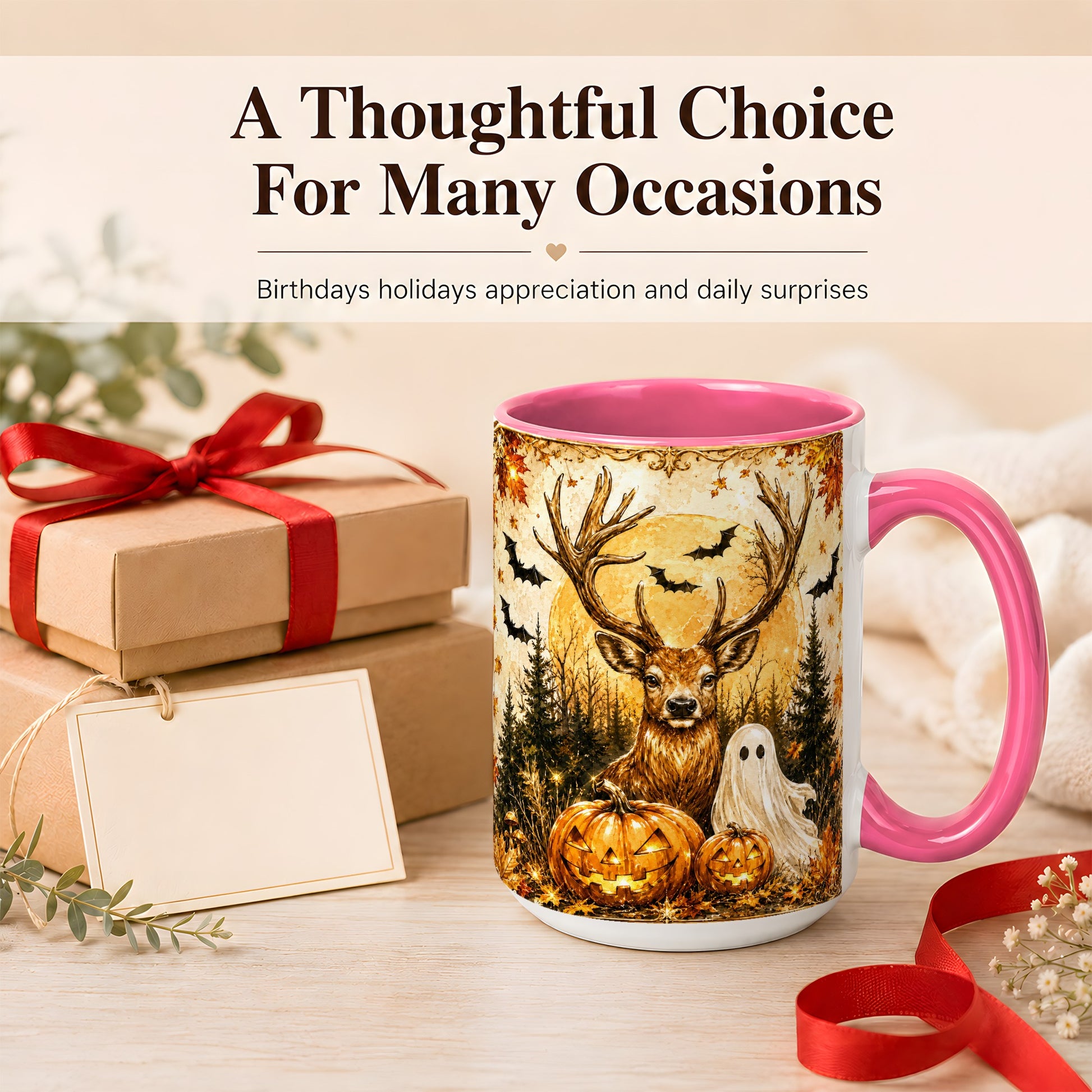 #pl[15oz|Pink] Halloween Deer Coffee Mug, Ghost Pumpkin Mug, Ceramic Cup