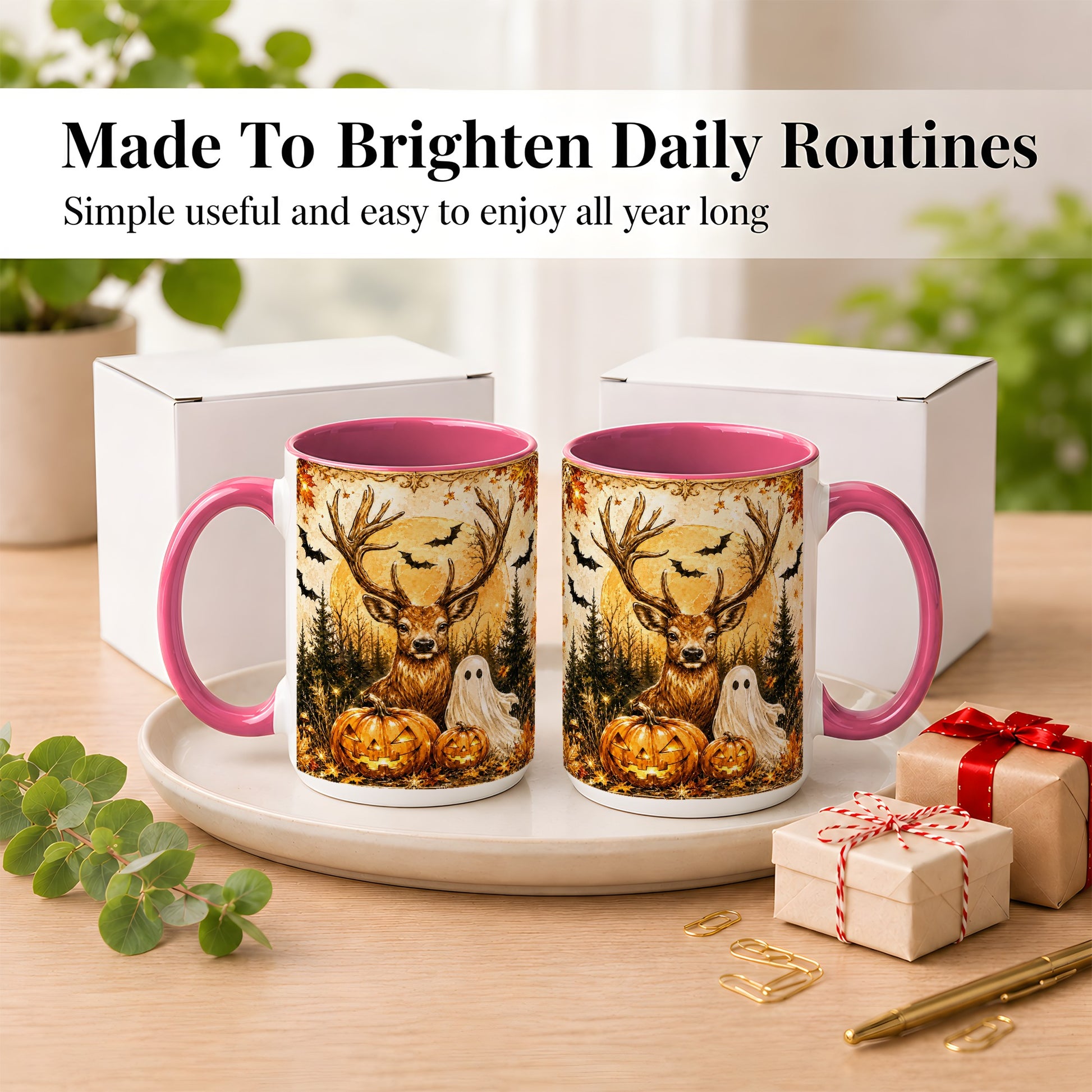 #pl[15oz|Pink] Halloween Deer Coffee Mug, Ghost Pumpkin Mug, Ceramic Cup