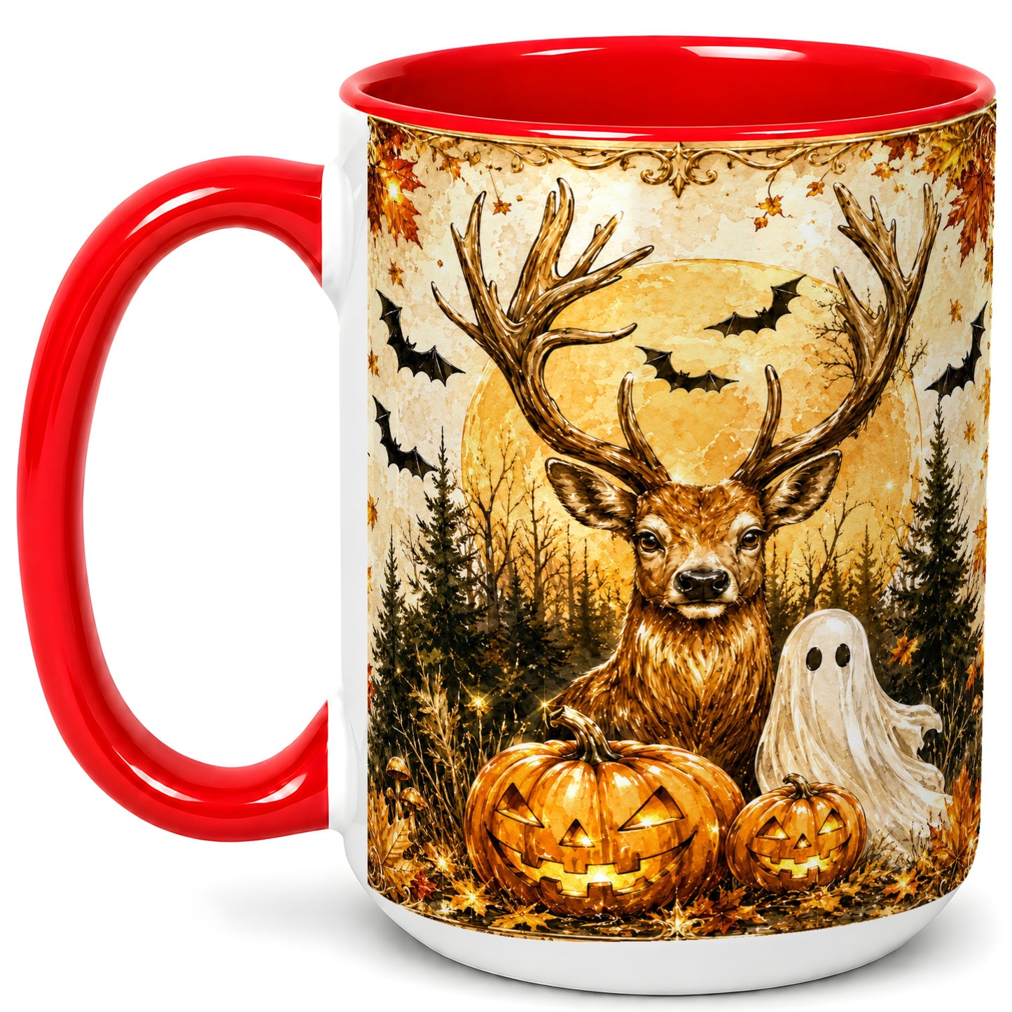 #pl[15oz|Red] Halloween Deer Coffee Mug, Ghost Pumpkin Mug, Ceramic Cup