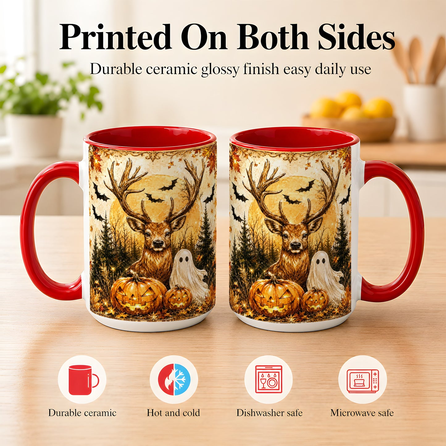#pl[15oz|Red] Halloween Deer Coffee Mug, Ghost Pumpkin Mug, Ceramic Cup