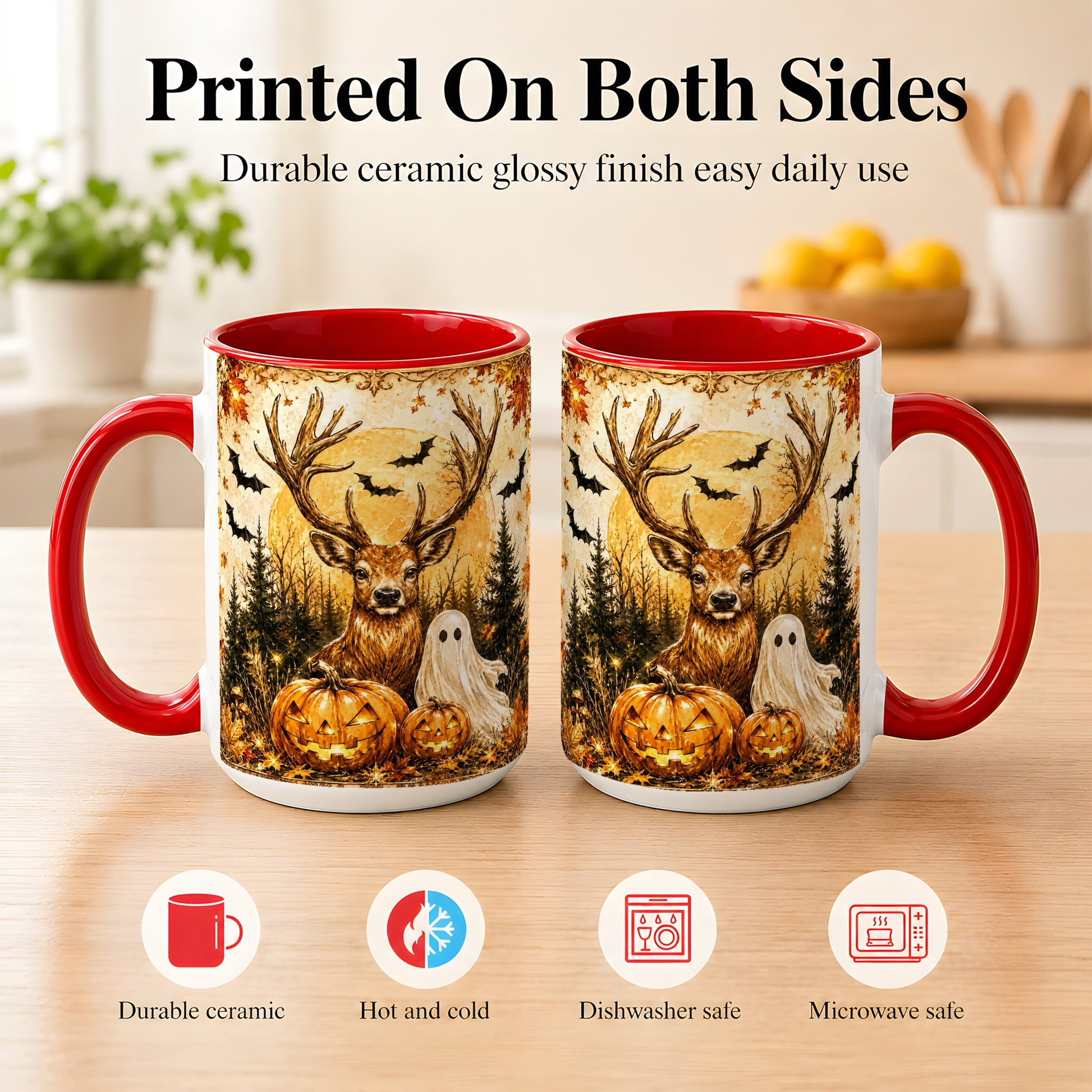 #pl[15oz|Red] Halloween Deer Coffee Mug, Ghost Pumpkin Mug, Ceramic Cup