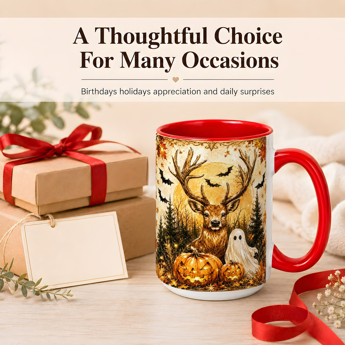 #pl[15oz|Red] Halloween Deer Coffee Mug, Ghost Pumpkin Mug, Ceramic Cup