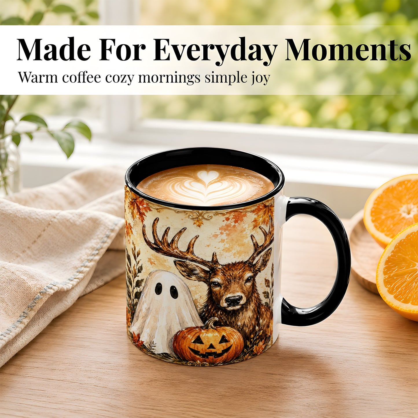 #pl[11oz|Black] Autumn Deer Coffee Mug, Ghost Pumpkin Mug, Ceramic Cup