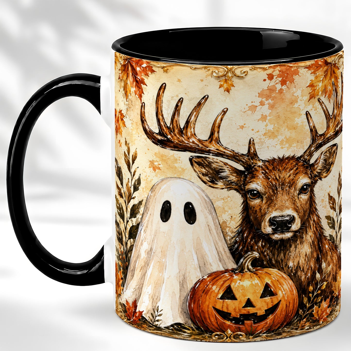 #pl[11oz|Black] Autumn Deer Coffee Mug, Ghost Pumpkin Mug, Ceramic Cup