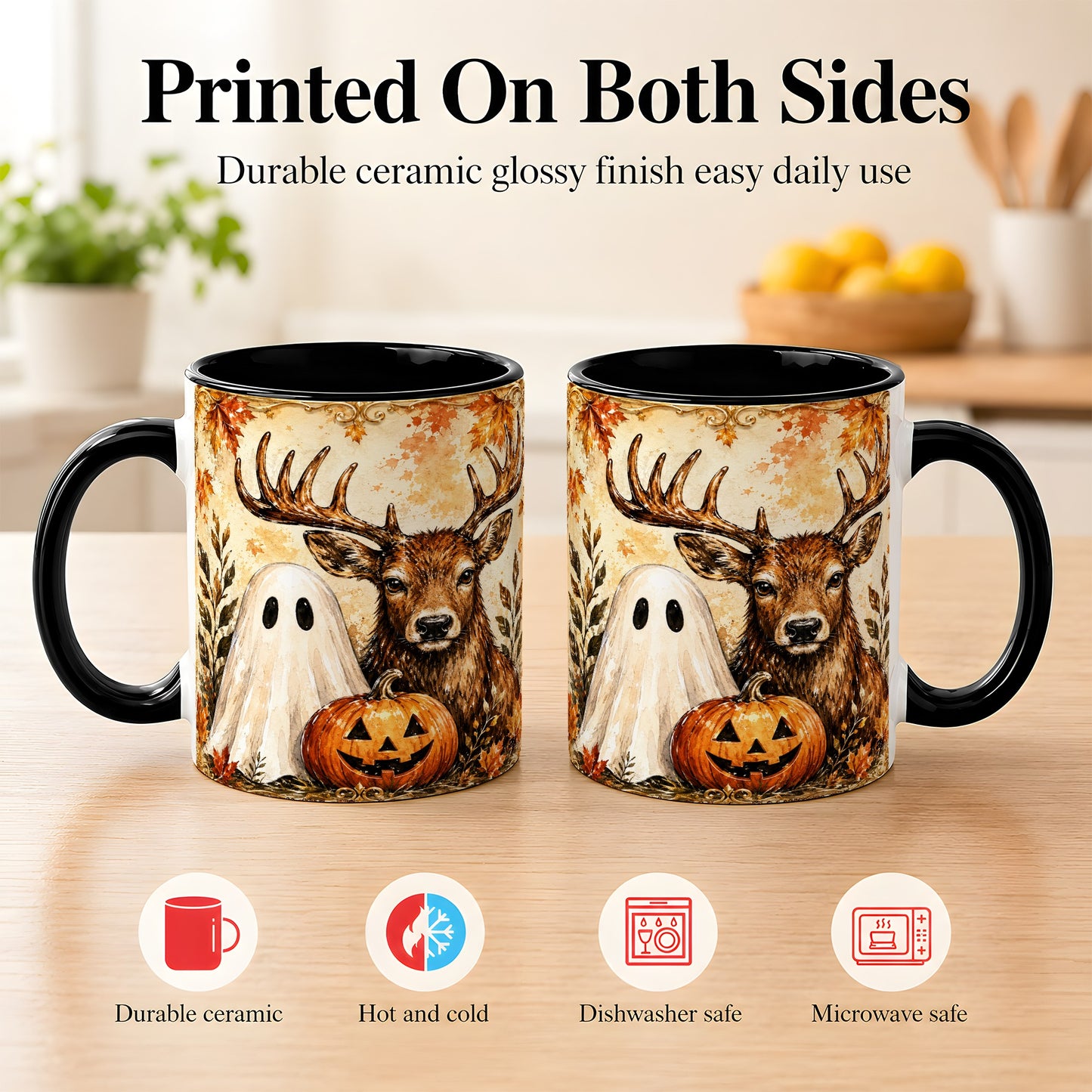#pl[11oz|Black] Autumn Deer Coffee Mug, Ghost Pumpkin Mug, Ceramic Cup