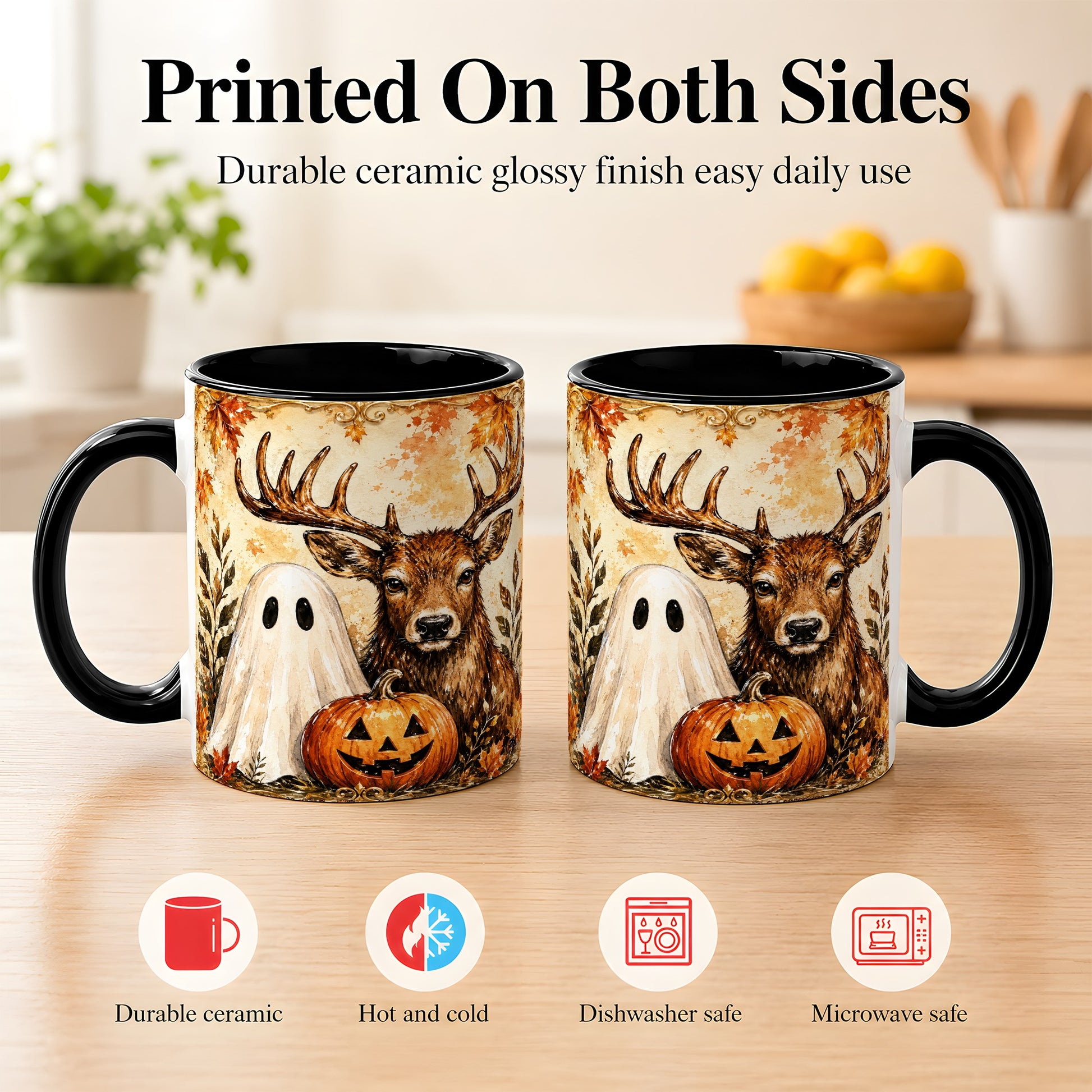#pl[11oz|Black] Autumn Deer Coffee Mug, Ghost Pumpkin Mug, Ceramic Cup